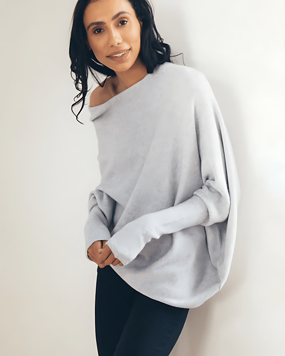 Claire – Off Shoulder Draped Knit Sweater