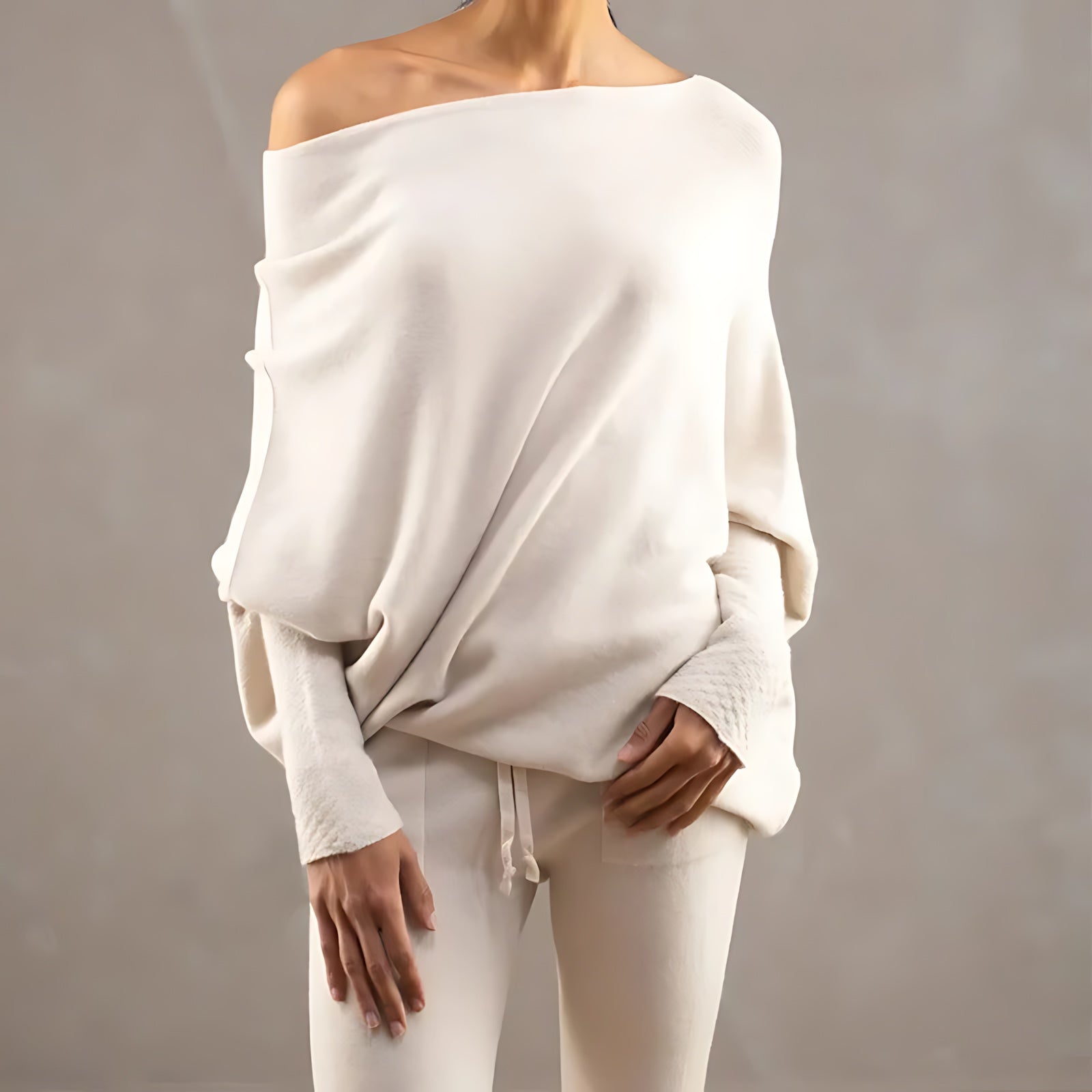Claire – Off Shoulder Draped Knit Sweater