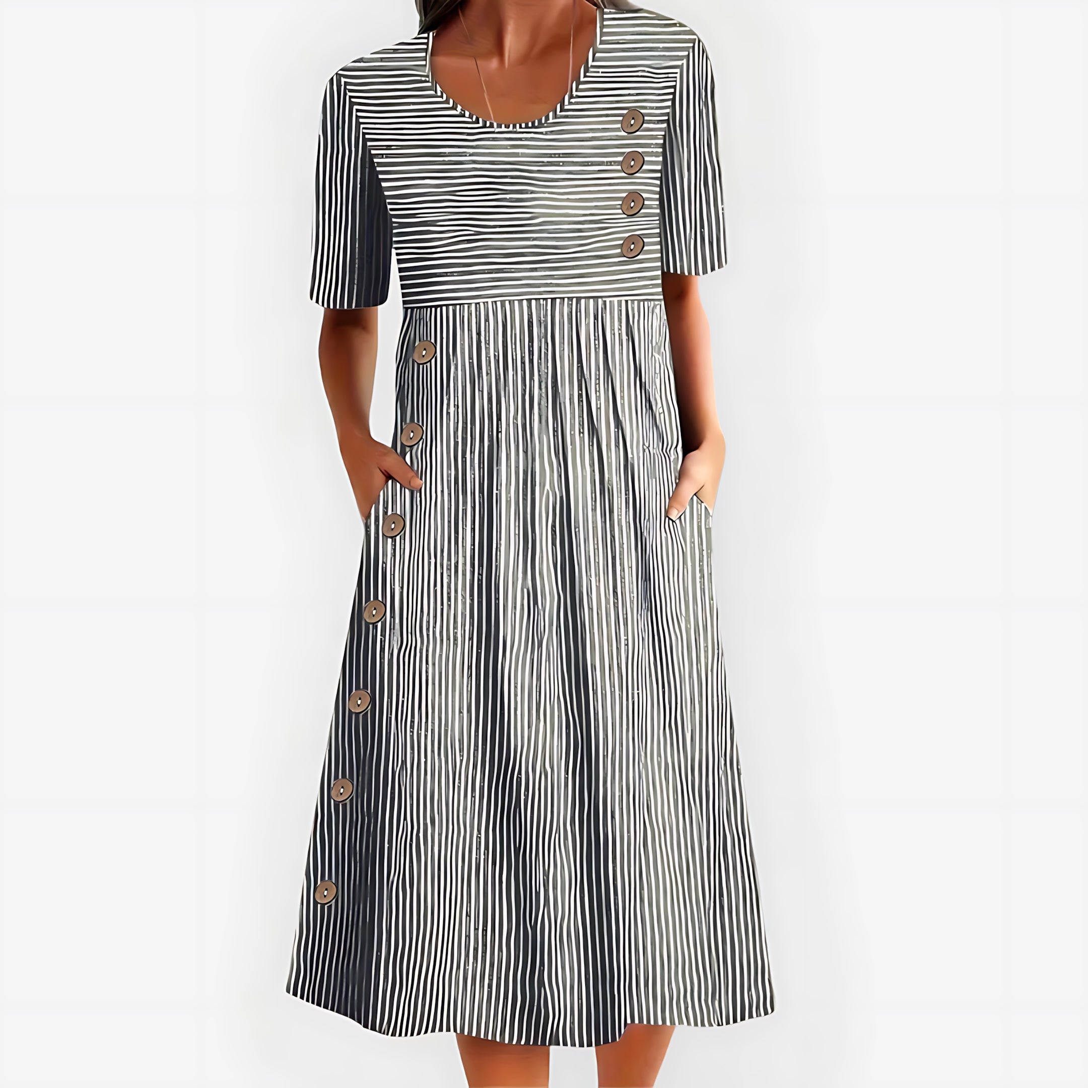 Claire – Pleated Front Scoop Neck A Line Midi Dress