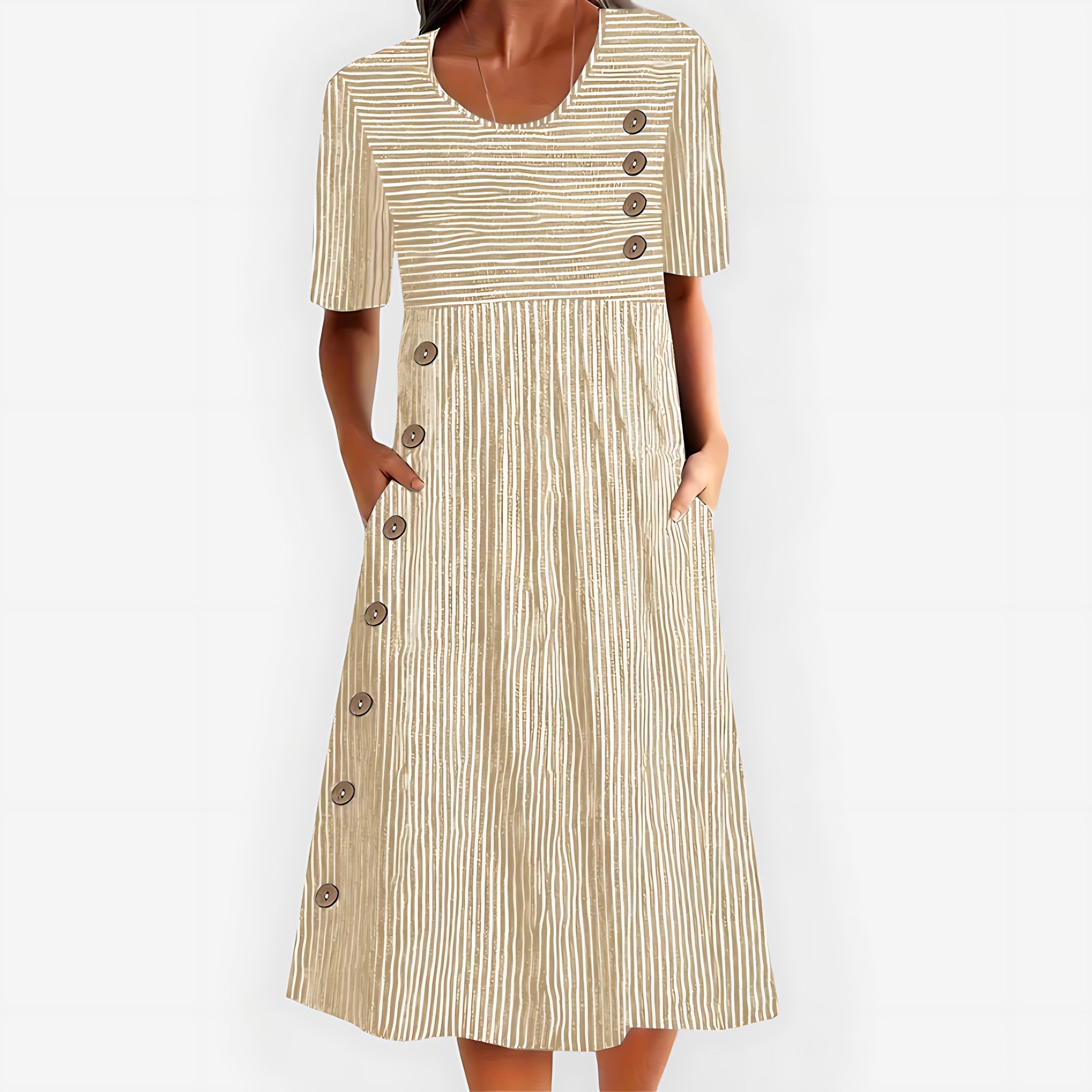 Claire – Pleated Front Scoop Neck A Line Midi Dress