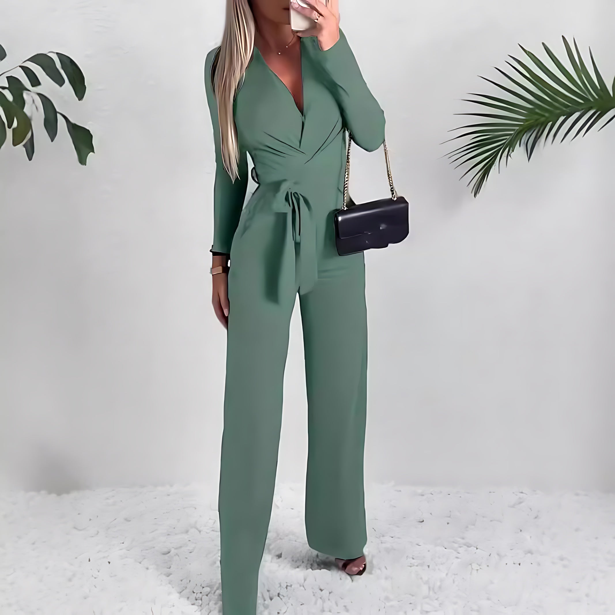 Claire – Wrap V Neck Tie Waist Wide Leg Jumpsuit