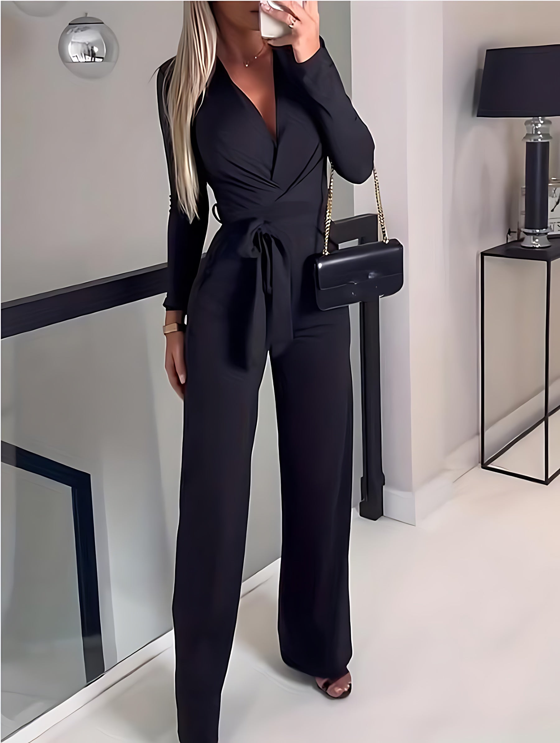 Claire – Wrap V Neck Tie Waist Wide Leg Jumpsuit