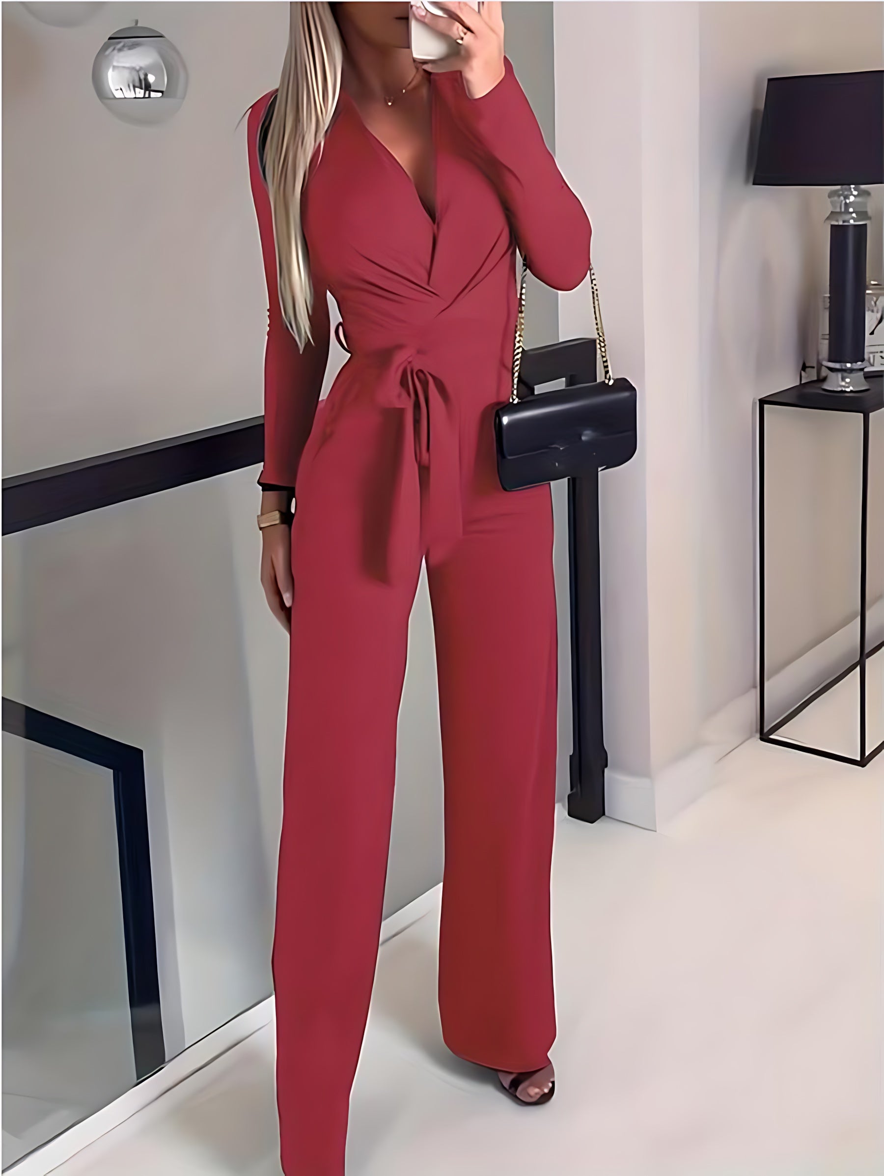 Claire – Wrap V Neck Tie Waist Wide Leg Jumpsuit