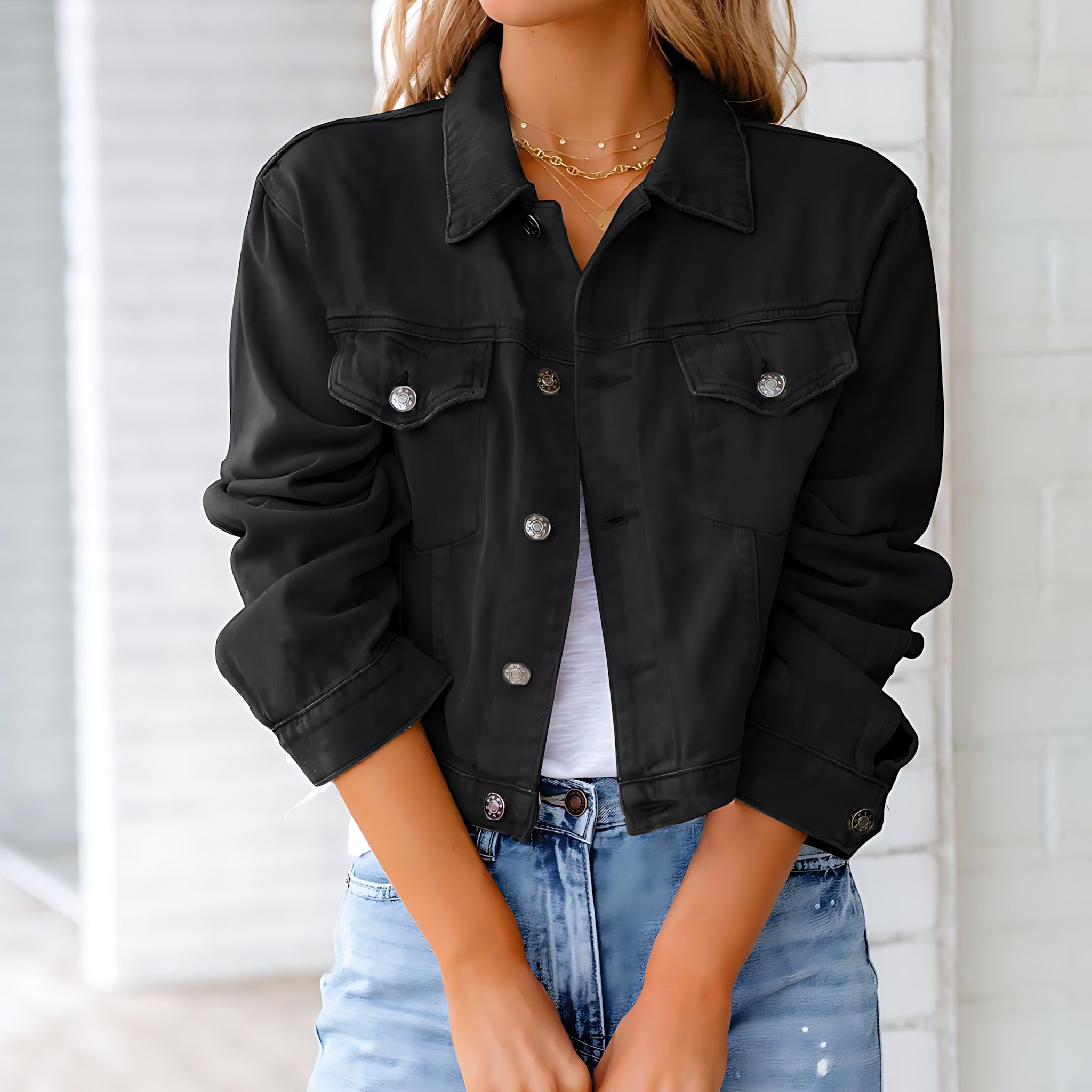 Clara – Cropped Button Up Denim Jacket