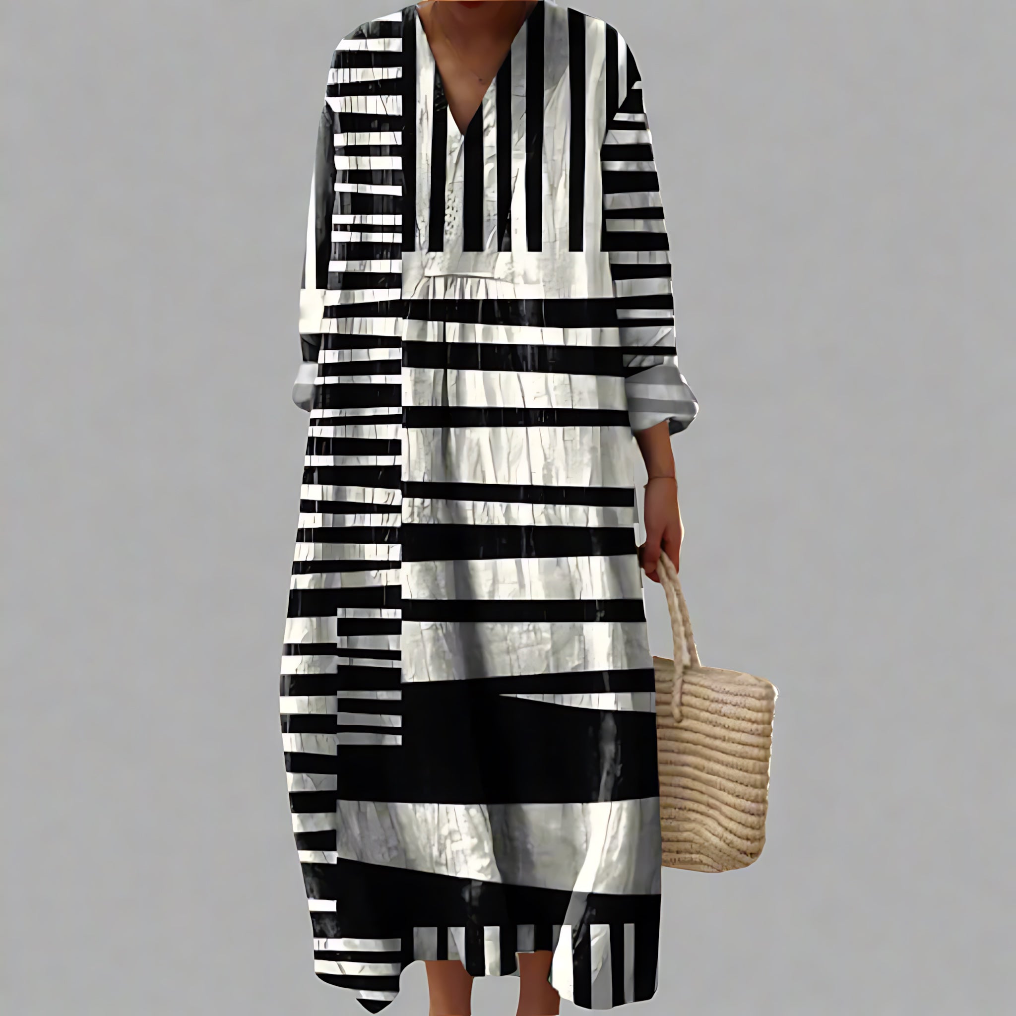 Clara – Geometric Print V Neck Long Sleeve Maxi Dress