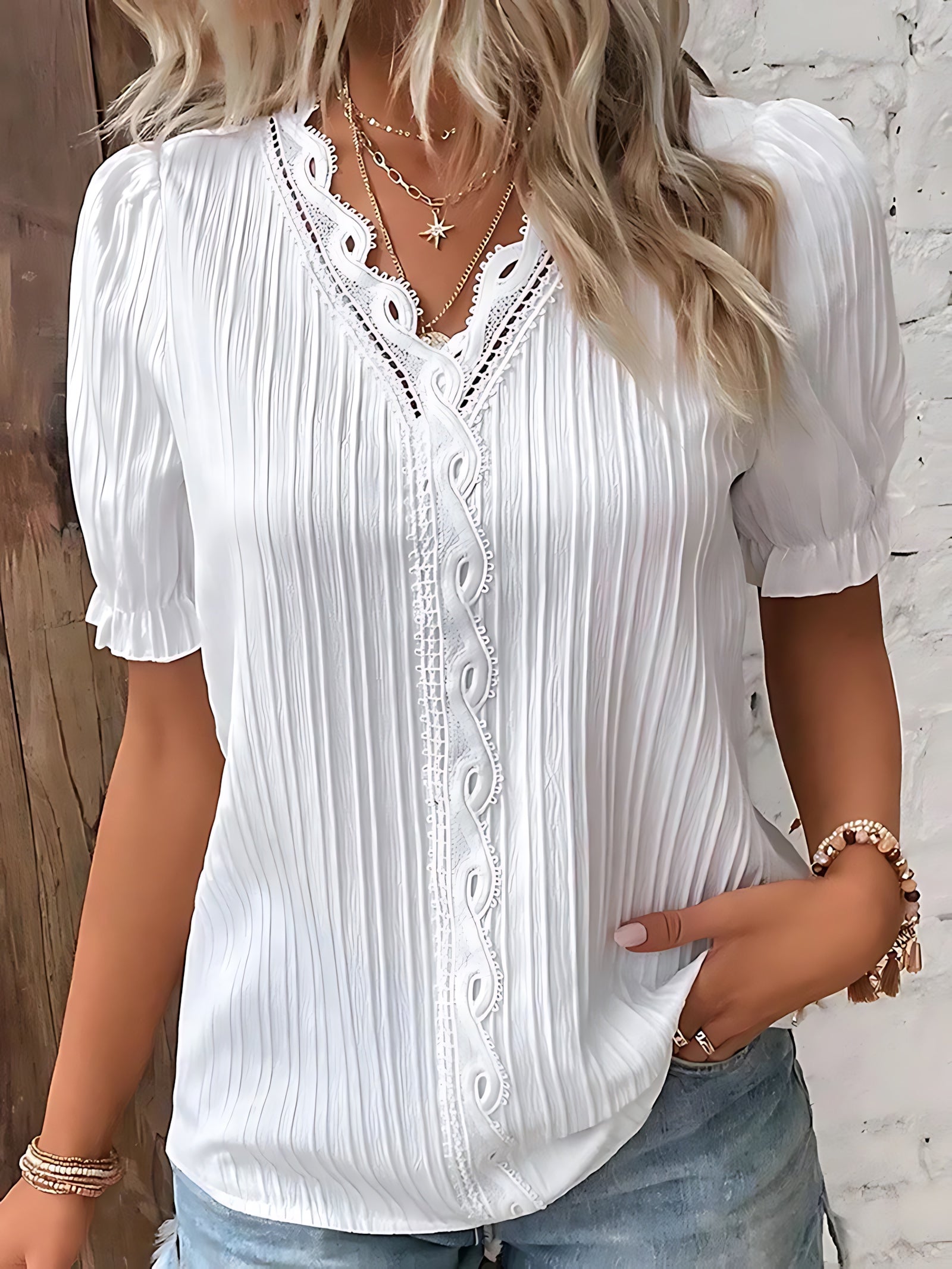 Clara – Lace Trim V Neck Puff Sleeve Blouse