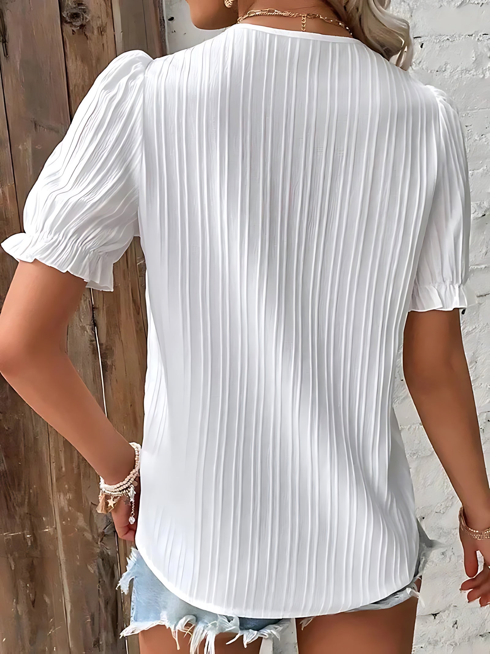 Clara – Lace Trim V Neck Puff Sleeve Blouse