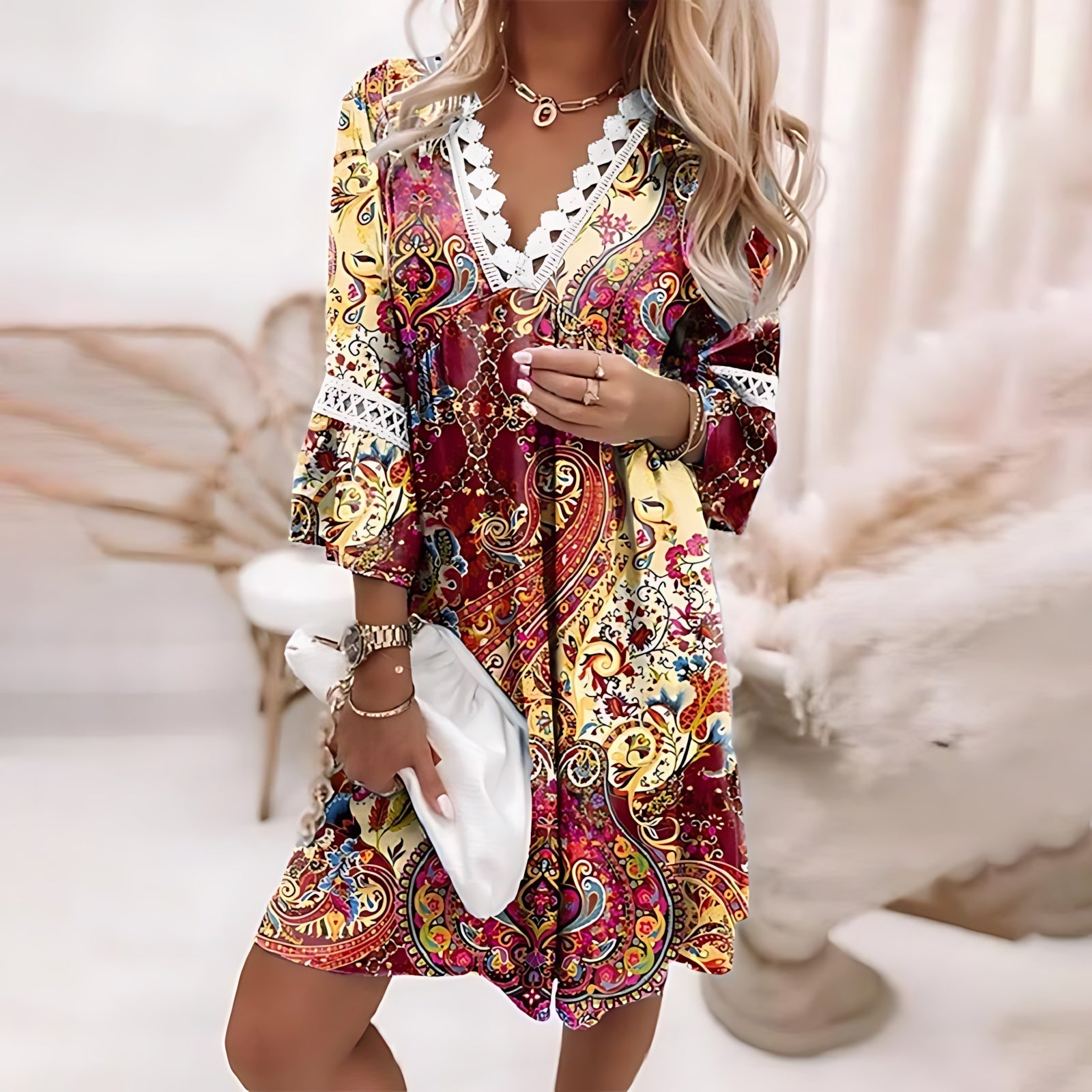 Cora – Floral Print V Neck 3/4 Sleeve Mini Dress