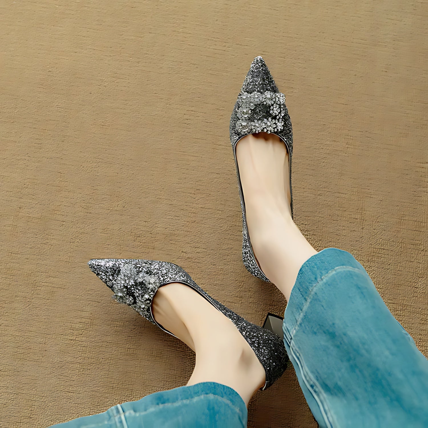 Cora – Glitter Pointed Toe Block Heel Pumps