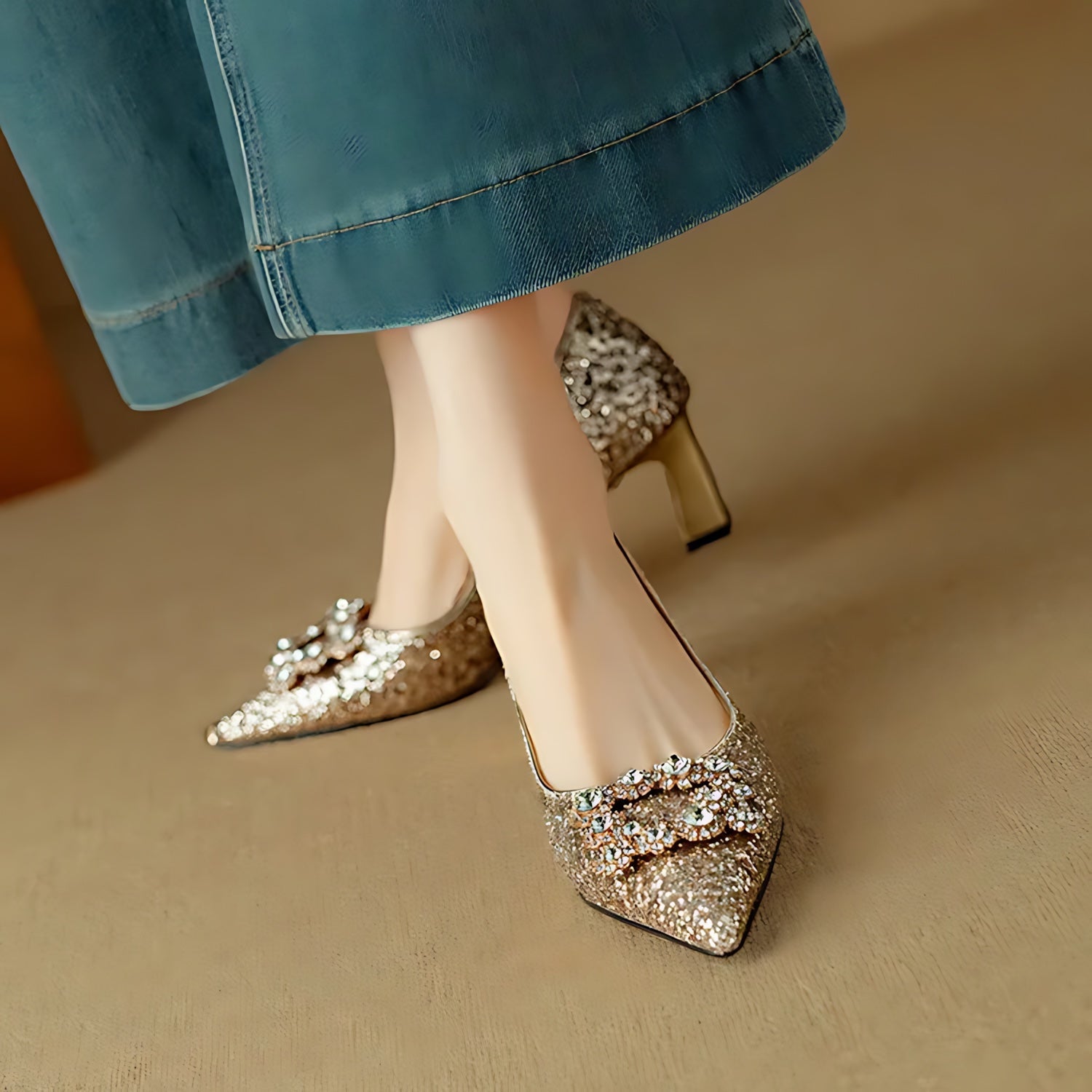 Cora – Glitter Pointed Toe Block Heel Pumps