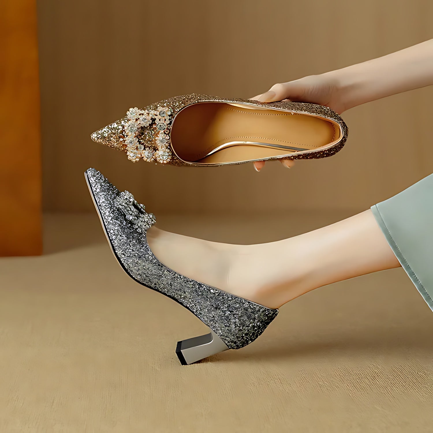 Cora – Glitter Pointed Toe Block Heel Pumps