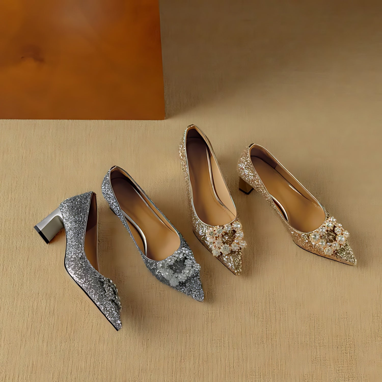 Cora – Glitter Pointed Toe Block Heel Pumps