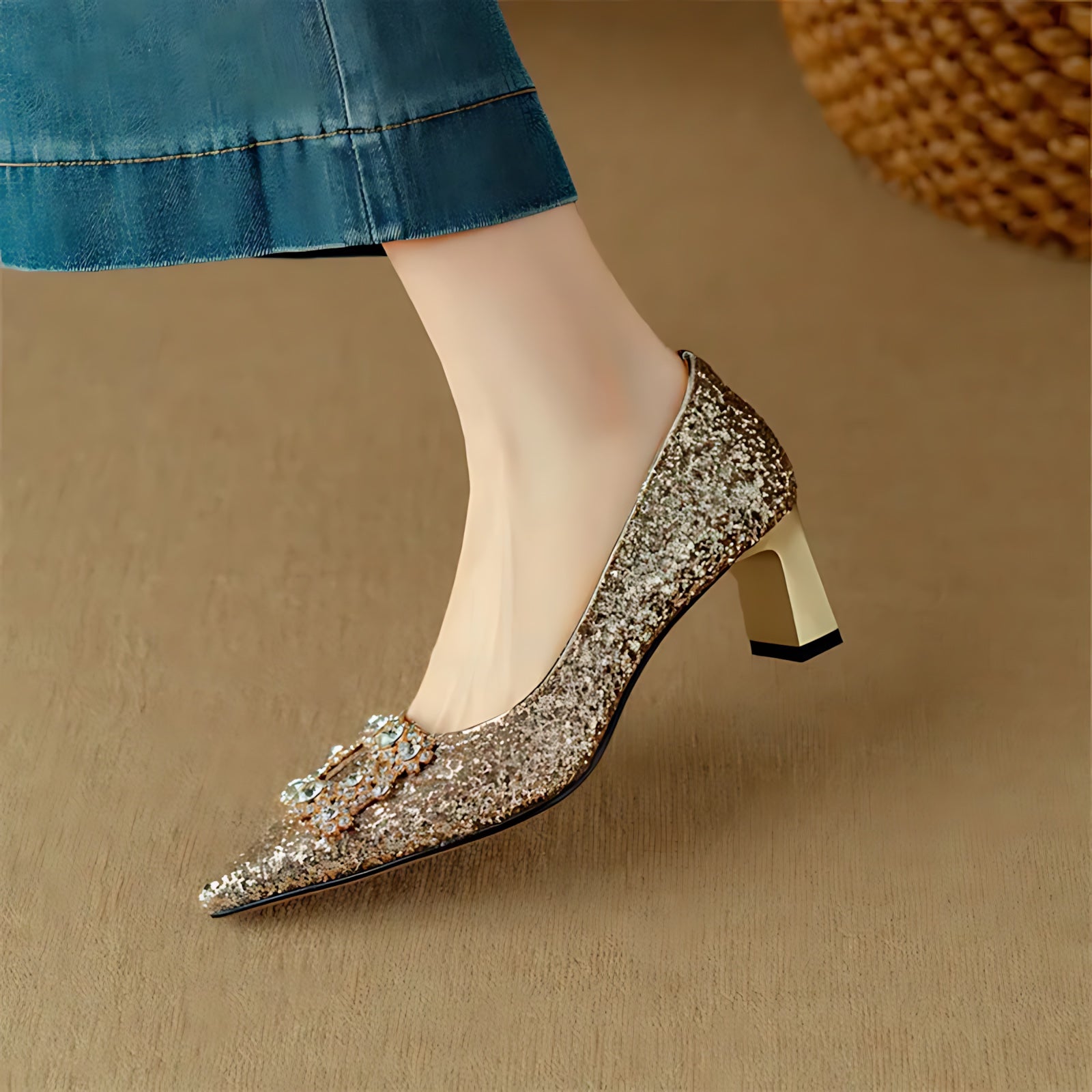 Cora – Glitter Pointed Toe Block Heel Pumps