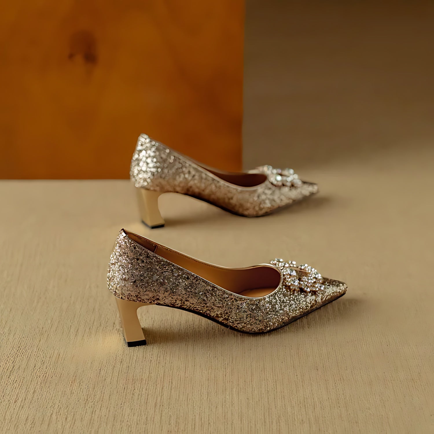 Cora – Glitter Pointed Toe Block Heel Pumps
