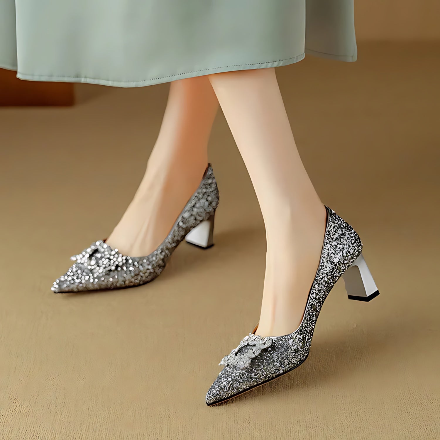 Cora – Glitter Pointed Toe Block Heel Pumps