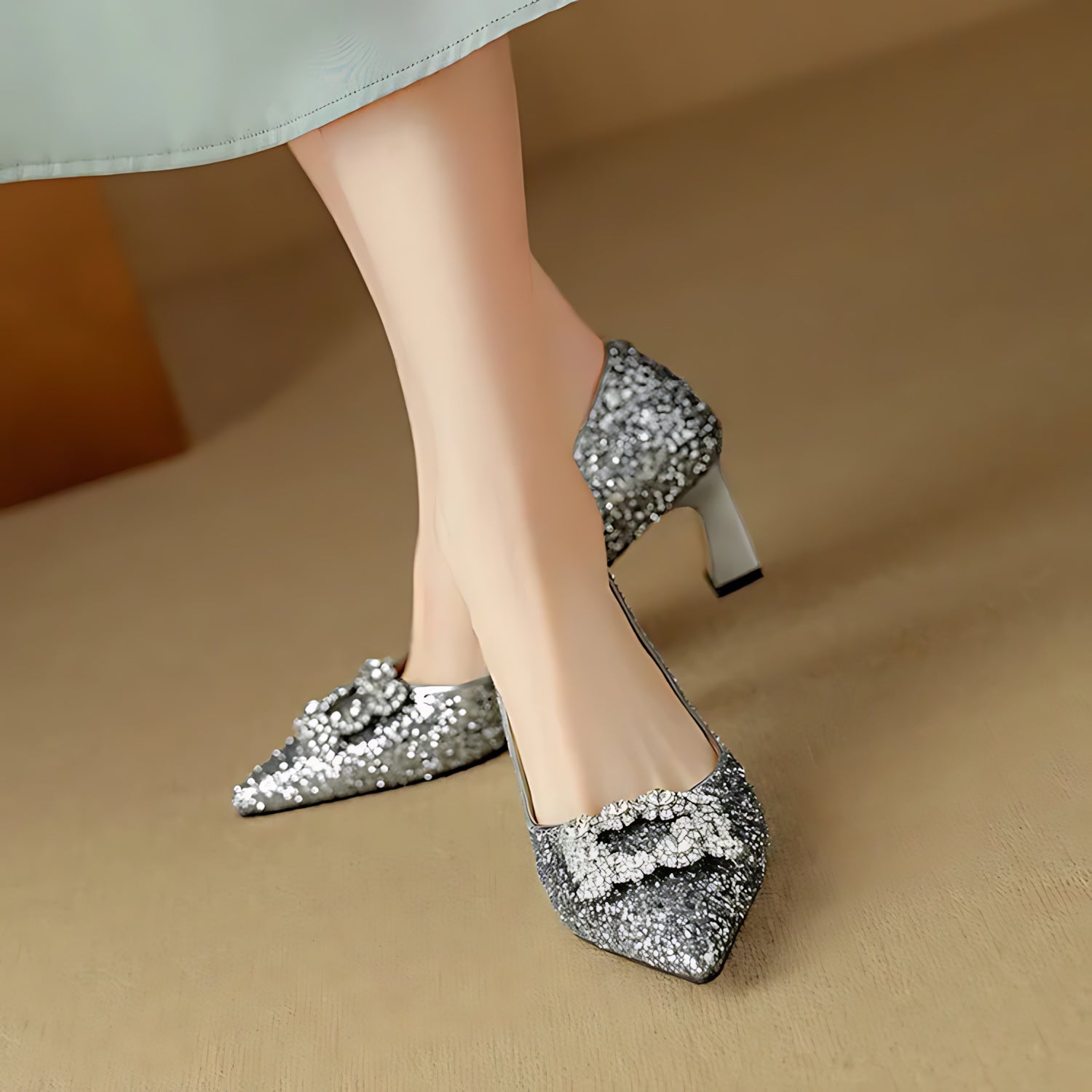 Cora – Glitter Pointed Toe Block Heel Pumps