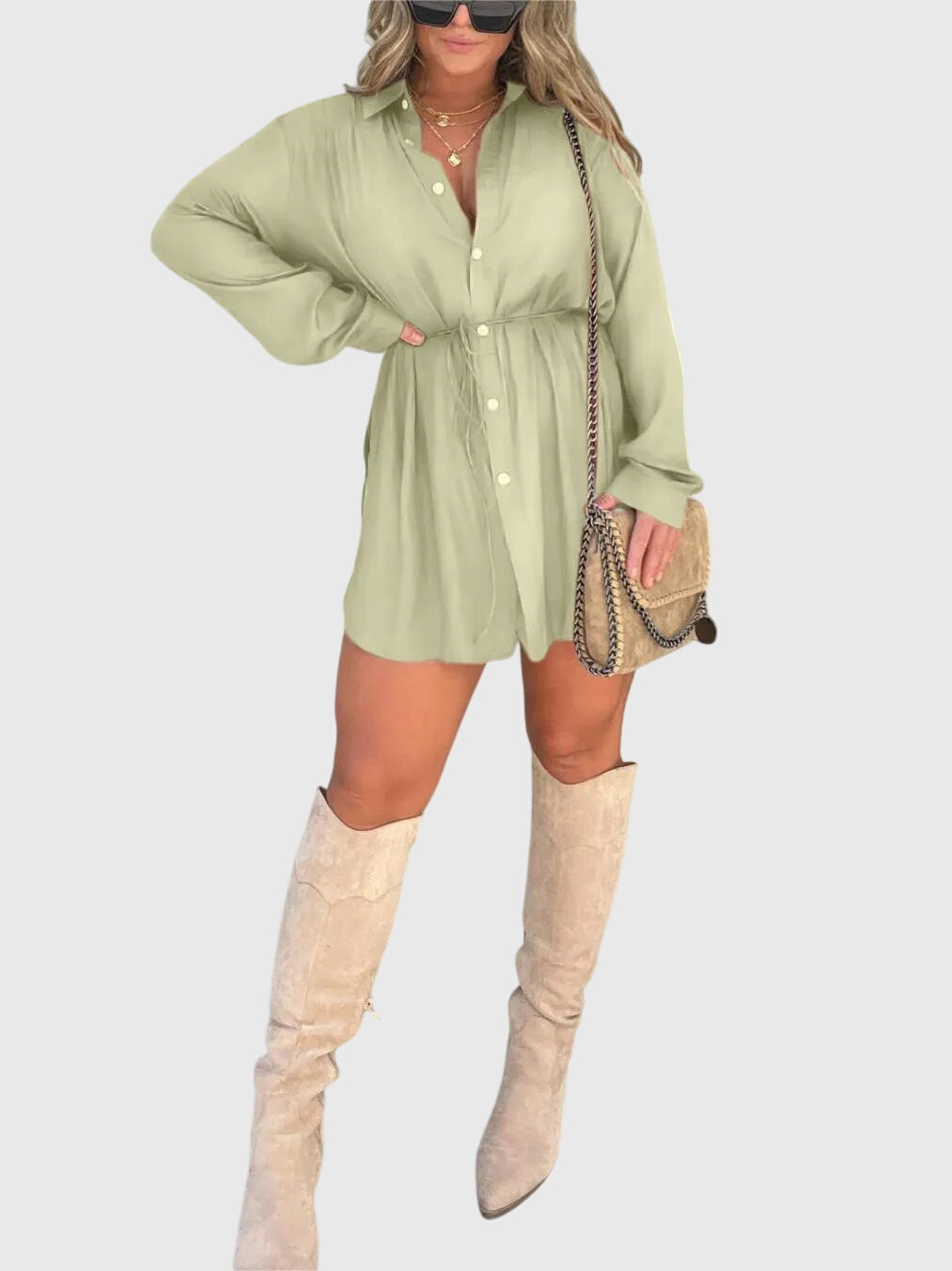 Savannah – Cinched Waist Long Sleeve Mini Shirt Dress