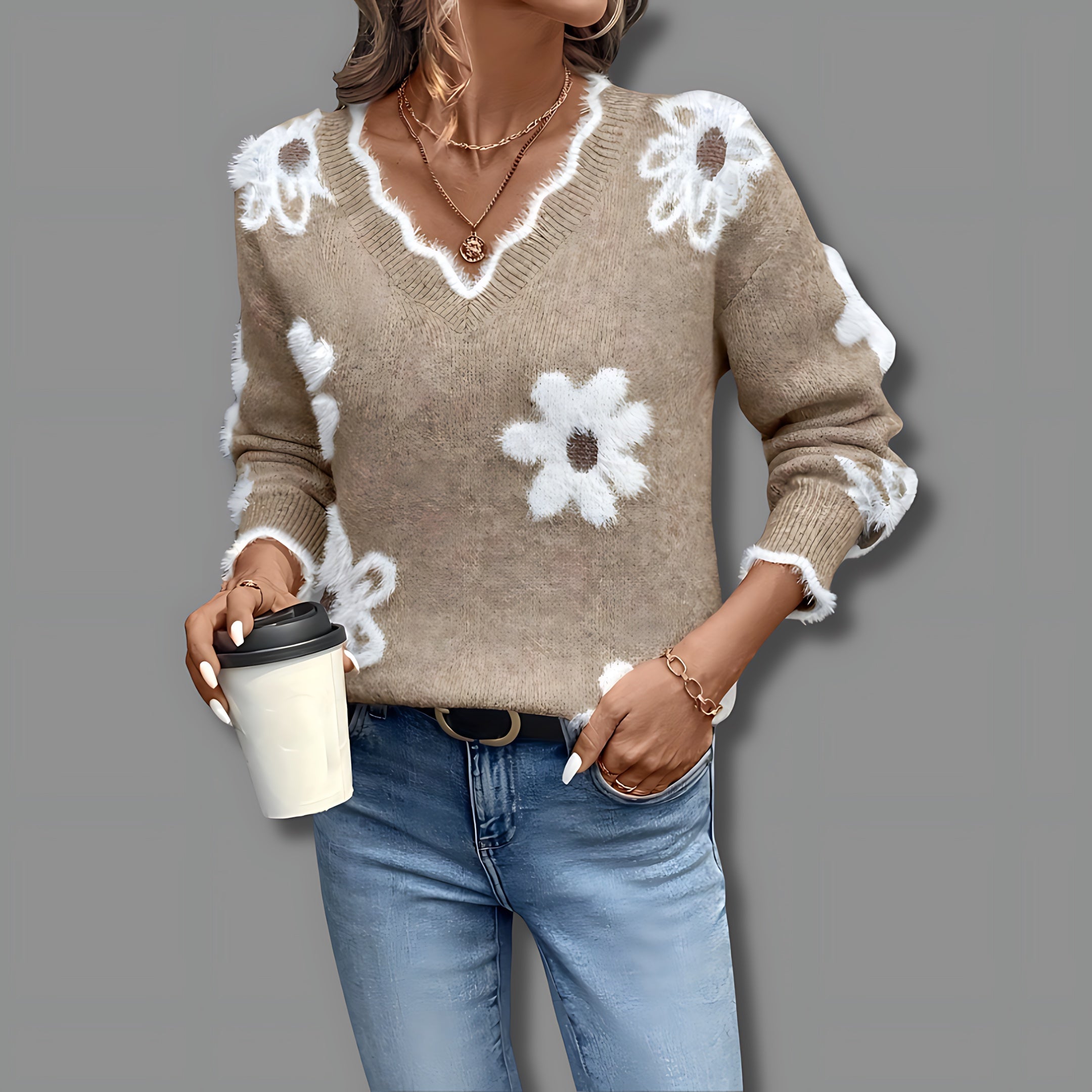 Daisy – Floral Print Marled Knit Sweater