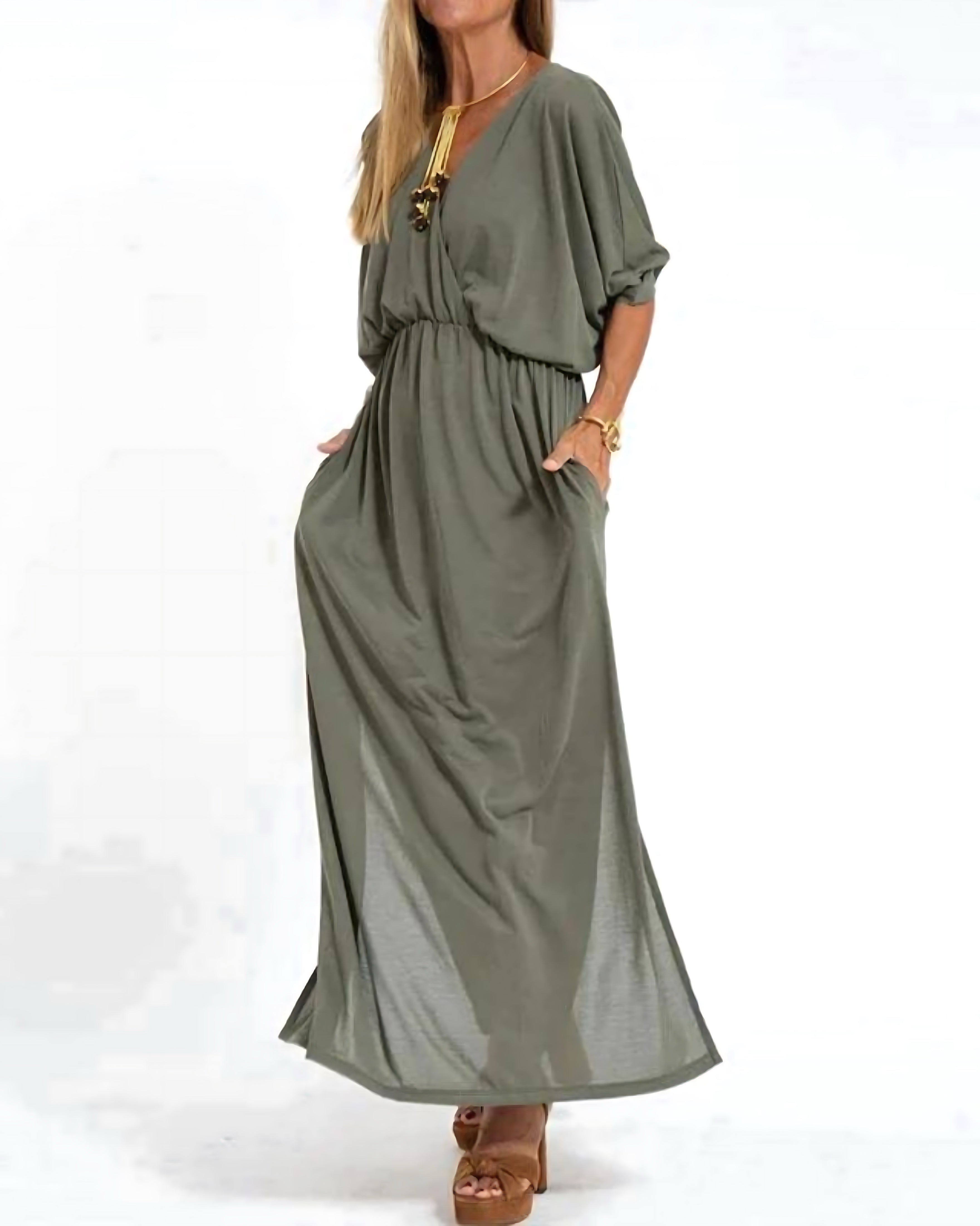 Daisy – Flutter Sleeve V Neck Flowy Maxi Dress