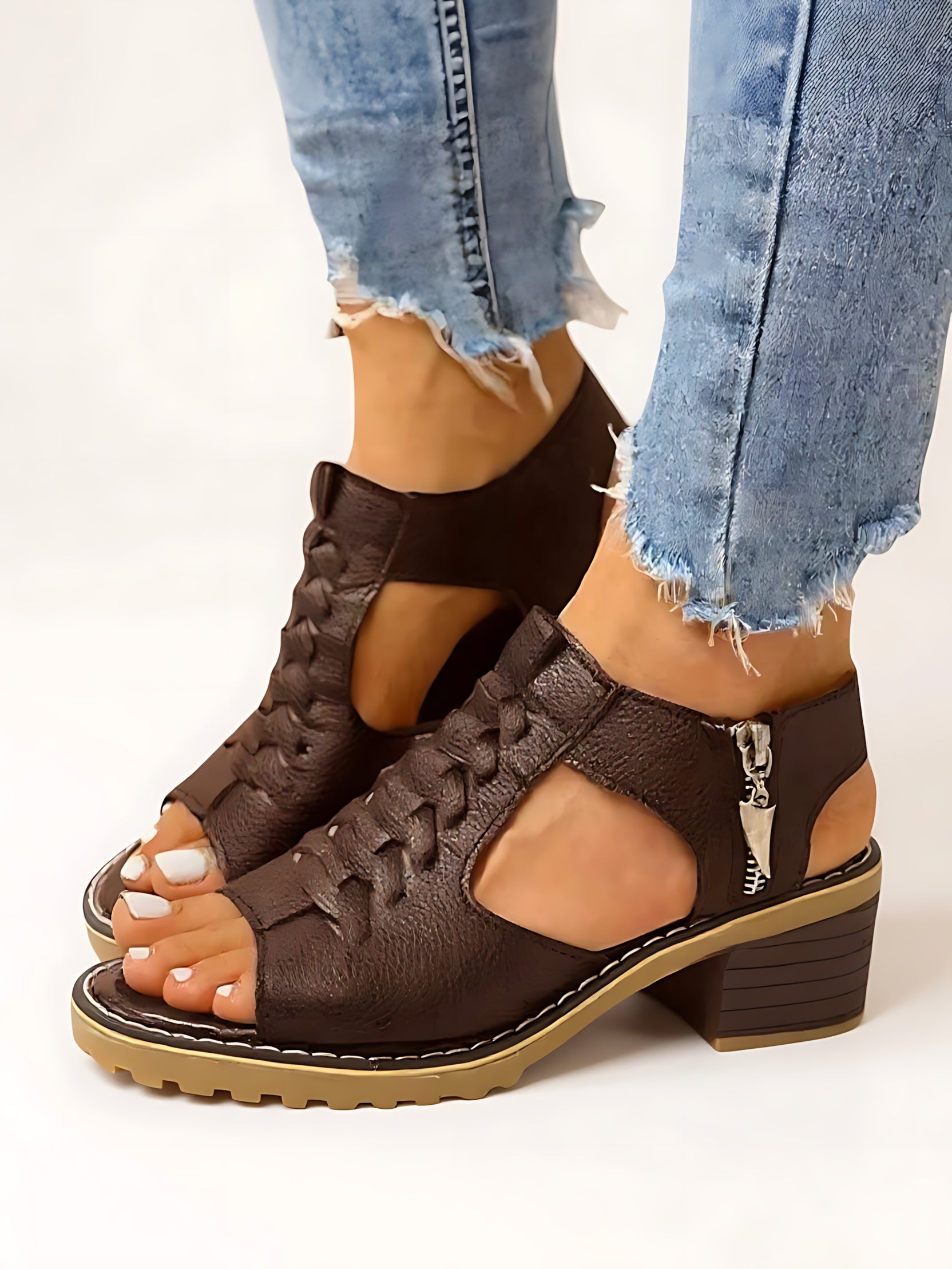 Daisy – Peep Toe Cutout Block Heel Sandals