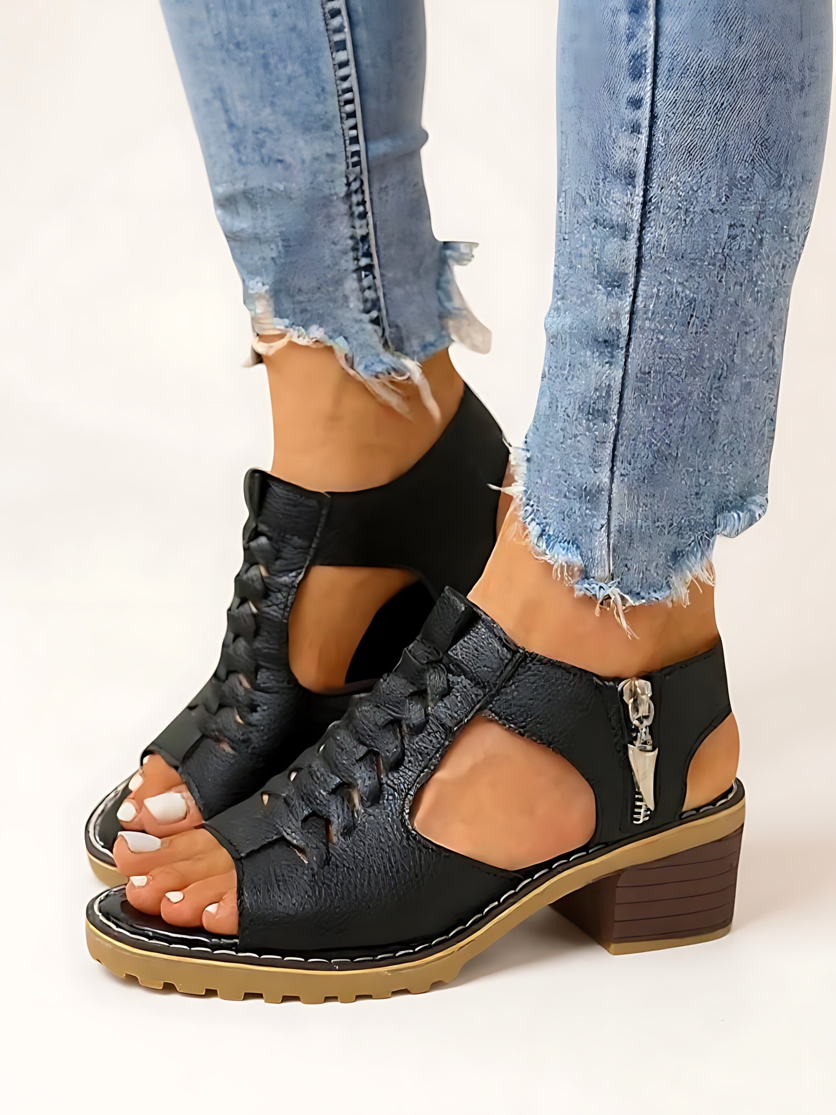 Daisy – Peep Toe Cutout Block Heel Sandals