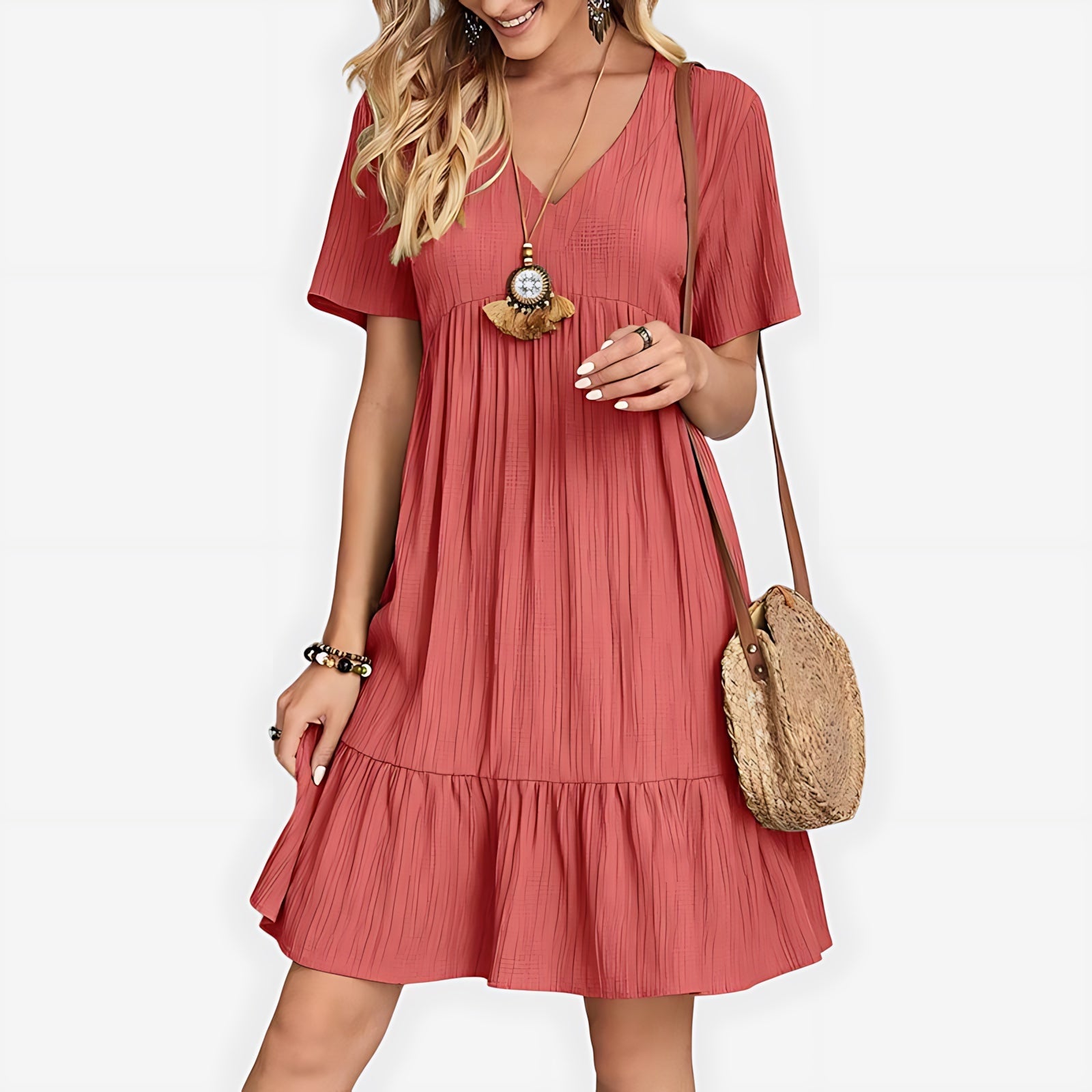 Daisy – V Neck Tiered Ruffle Hem Mini Dress