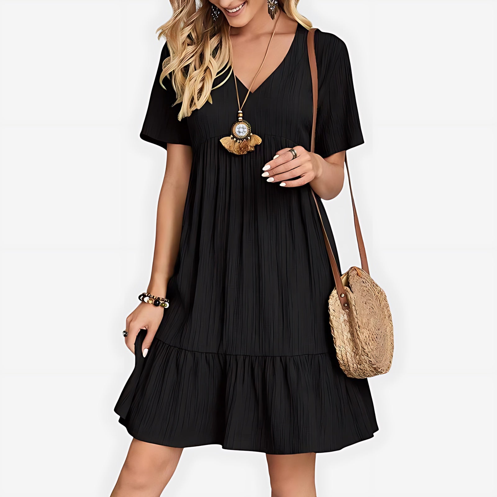Daisy – V Neck Tiered Ruffle Hem Mini Dress