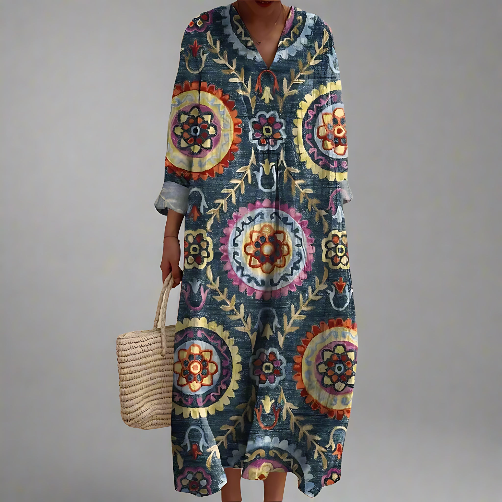 Daniela – Geometric Print V Neck Boho Maxi Dress