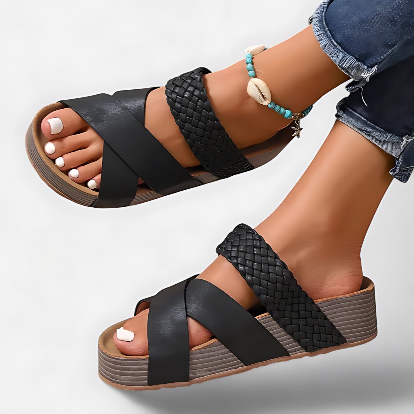 Daphne – Woven Triple Strap Wedge Sandals
