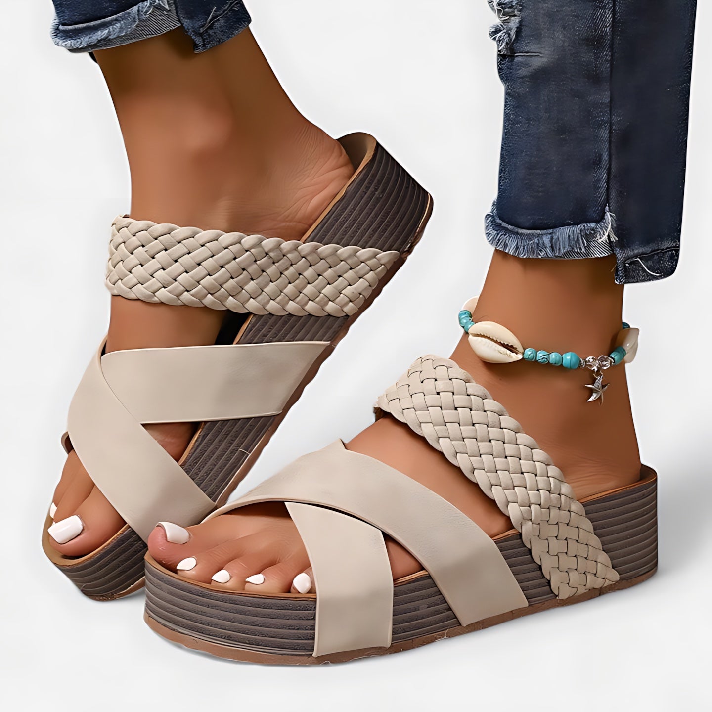 Daphne – Woven Triple Strap Wedge Sandals