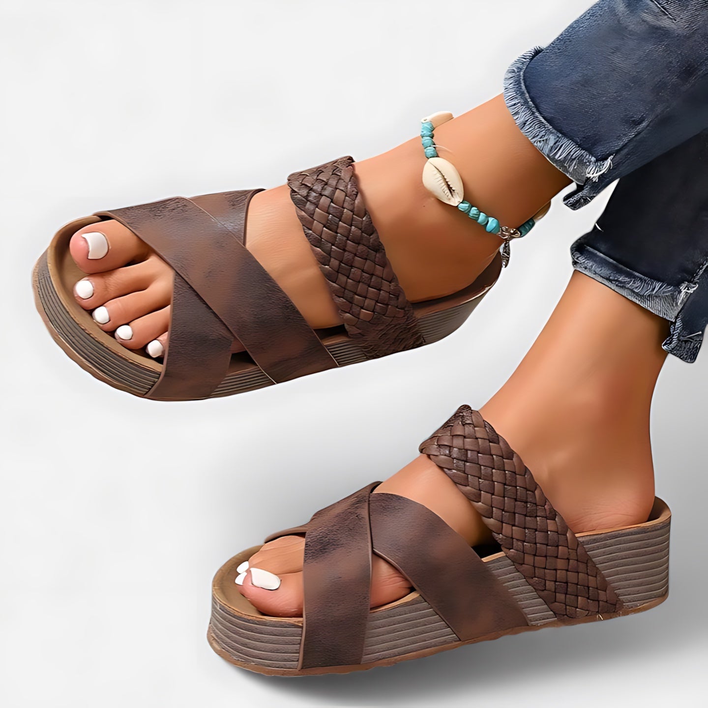 Daphne – Woven Triple Strap Wedge Sandals