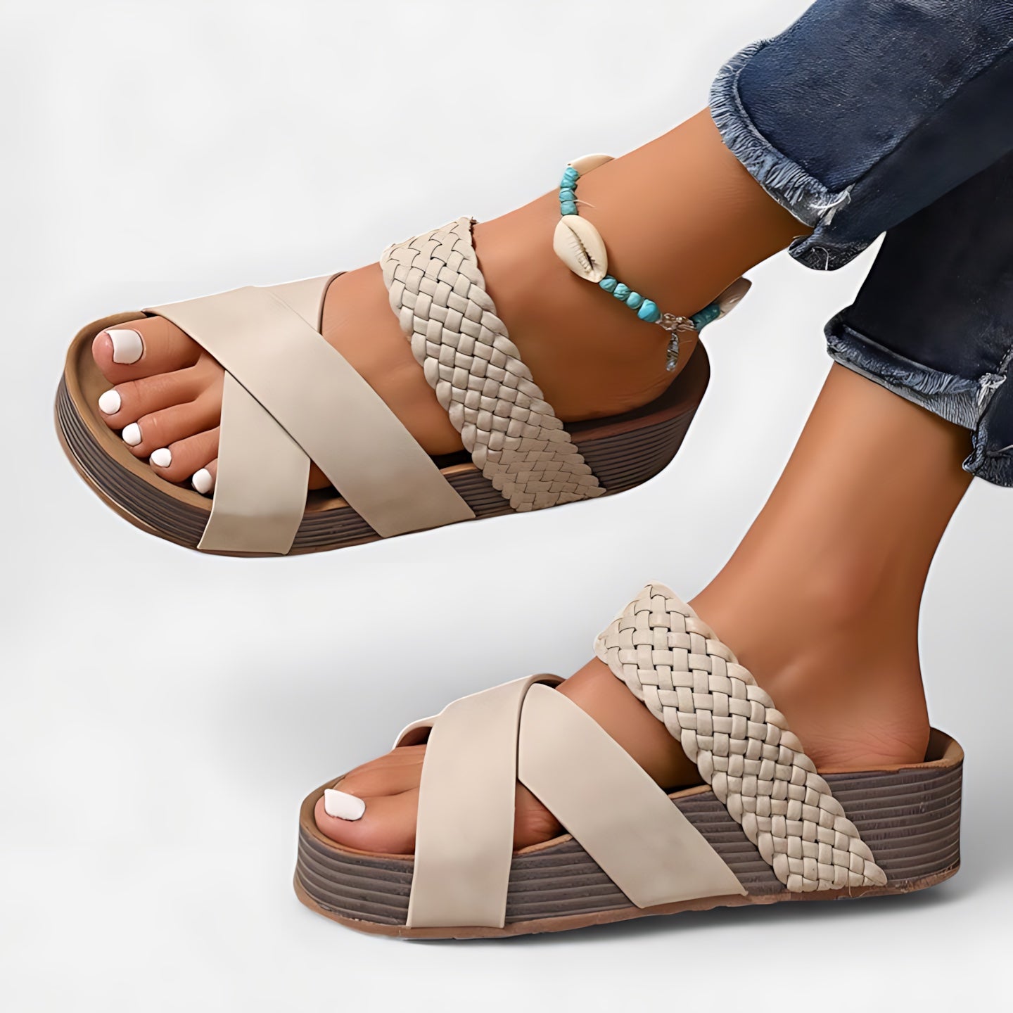 Daphne – Woven Triple Strap Wedge Sandals