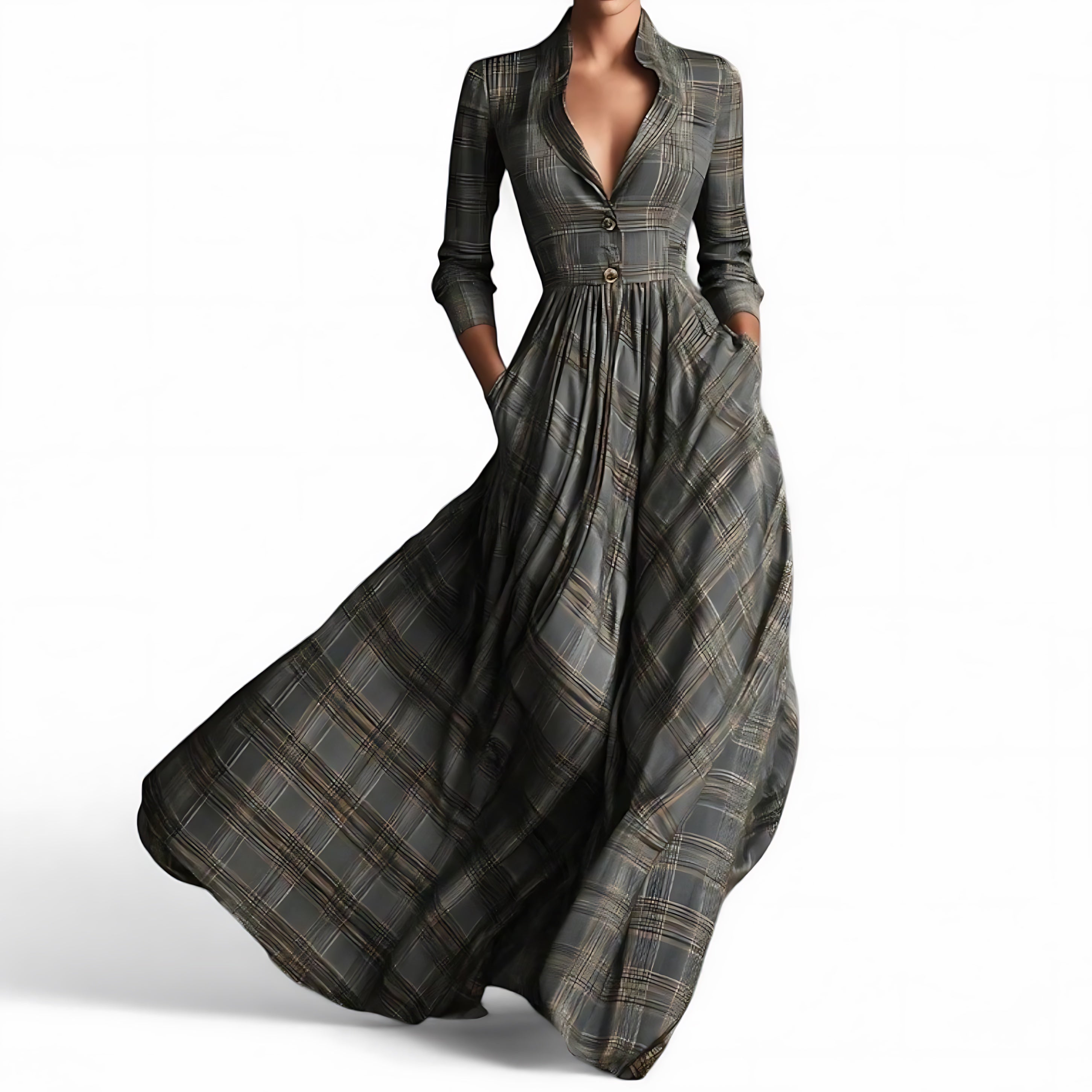 Delilah – Plaid V Neck A-Line Maxi Dress