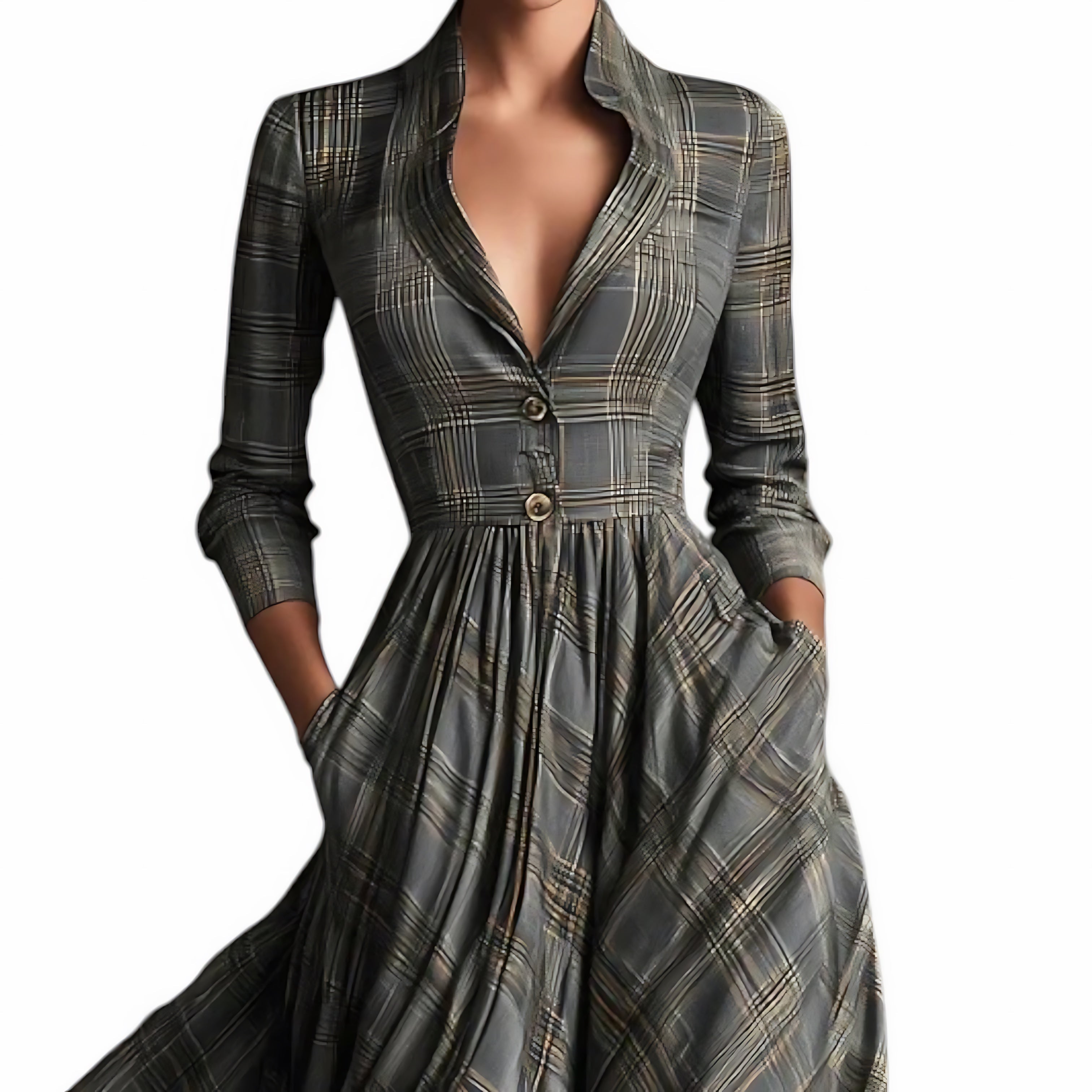 Delilah – Plaid V Neck A-Line Maxi Dress