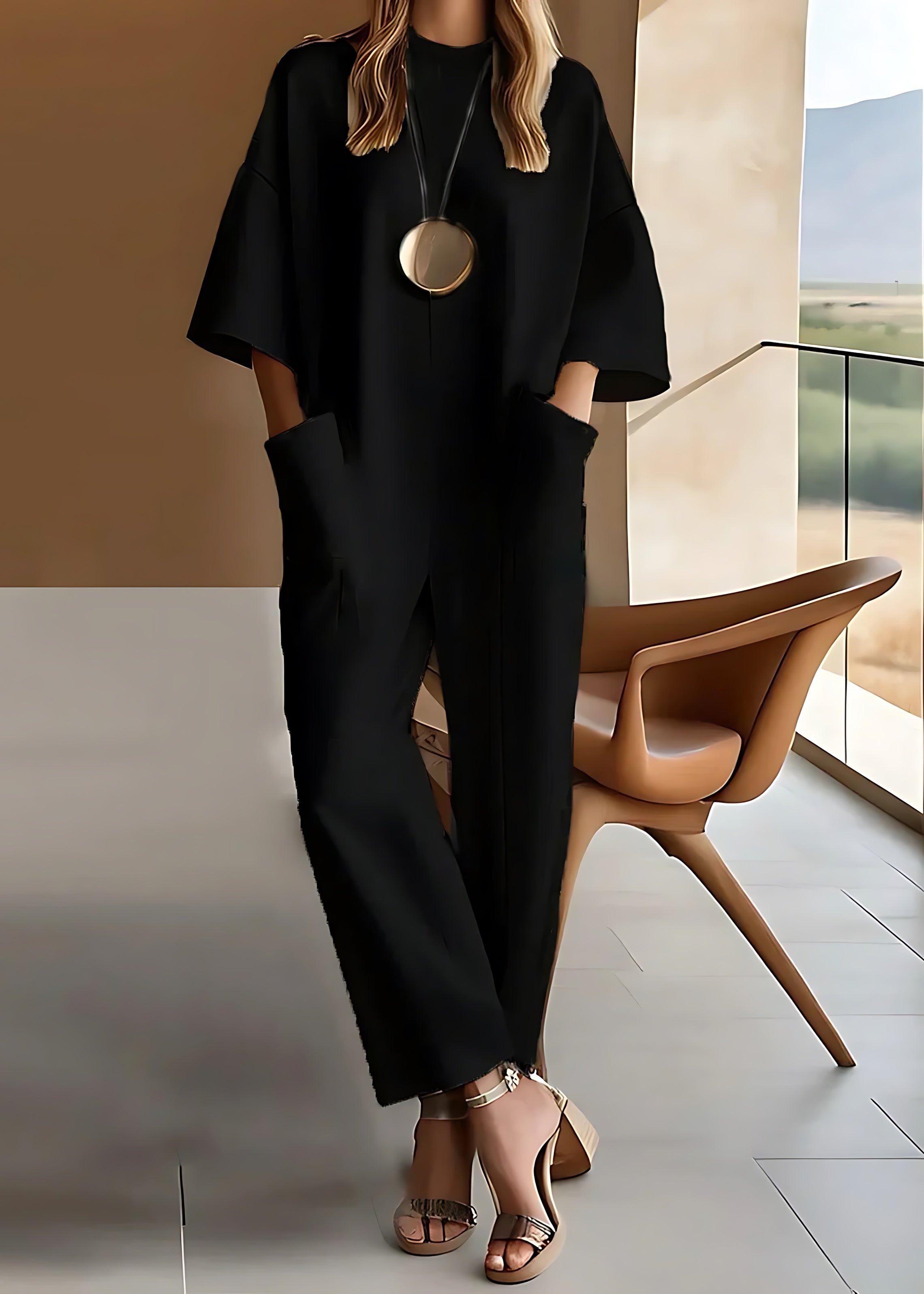 Della – Crew Neck Short Sleeve Wide Leg Jumpsuit