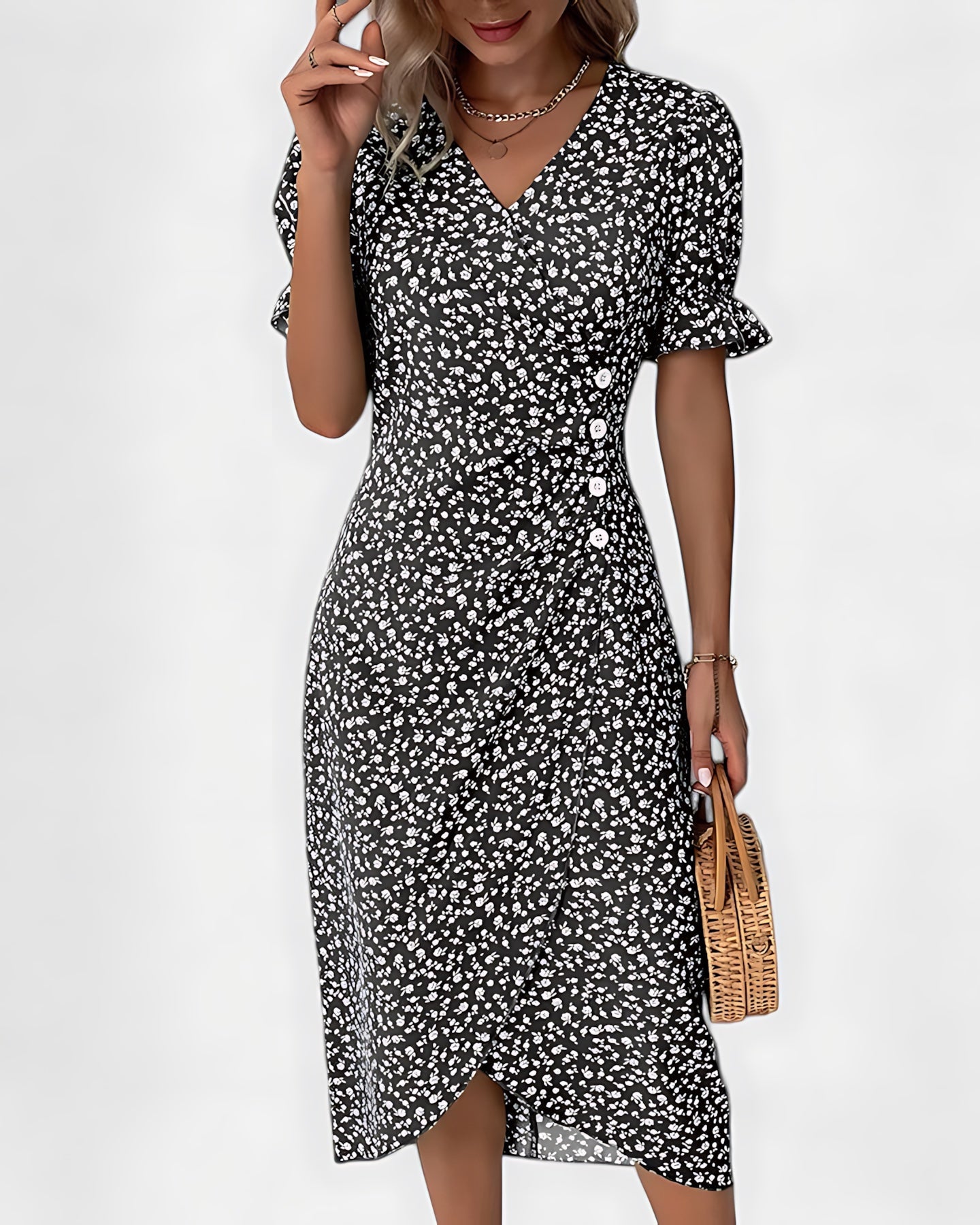 Della – Floral Ruffle Wrap Summer Midi Dress