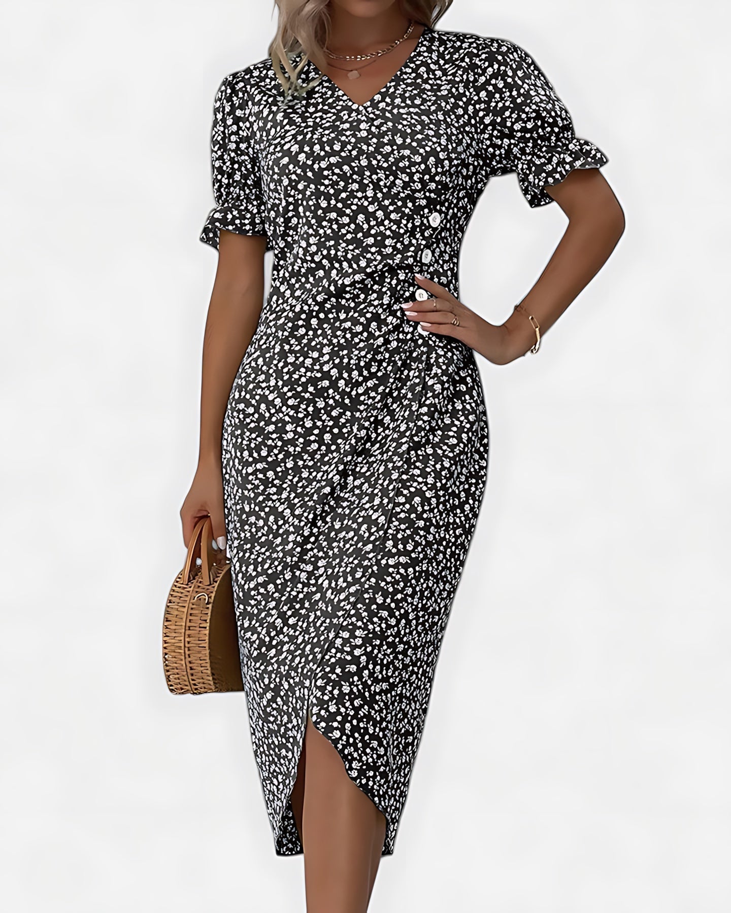 Della – Floral Ruffle Wrap Summer Midi Dress