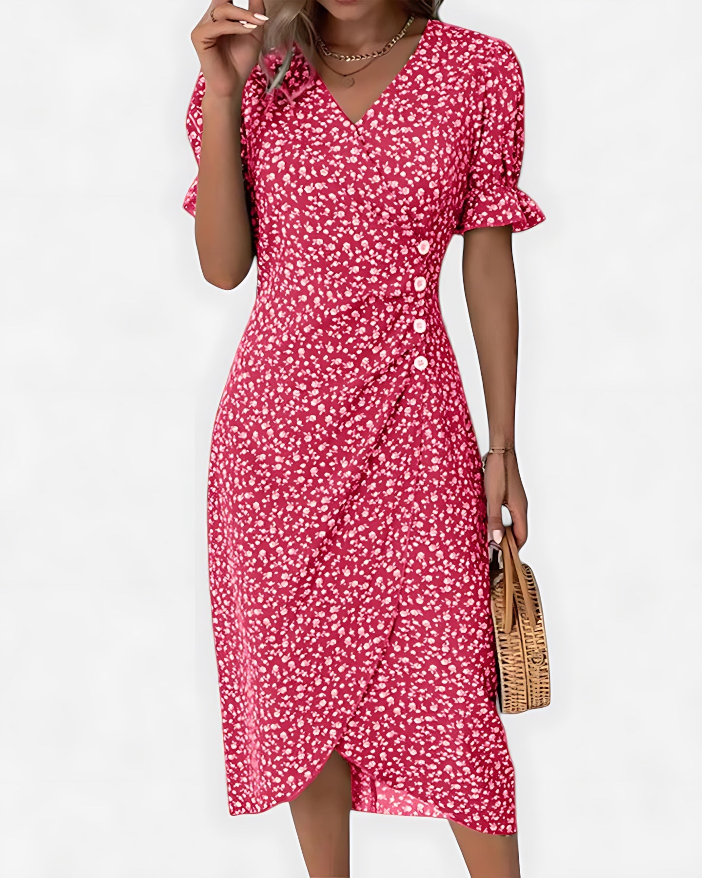 Della – Floral Ruffle Wrap Summer Midi Dress
