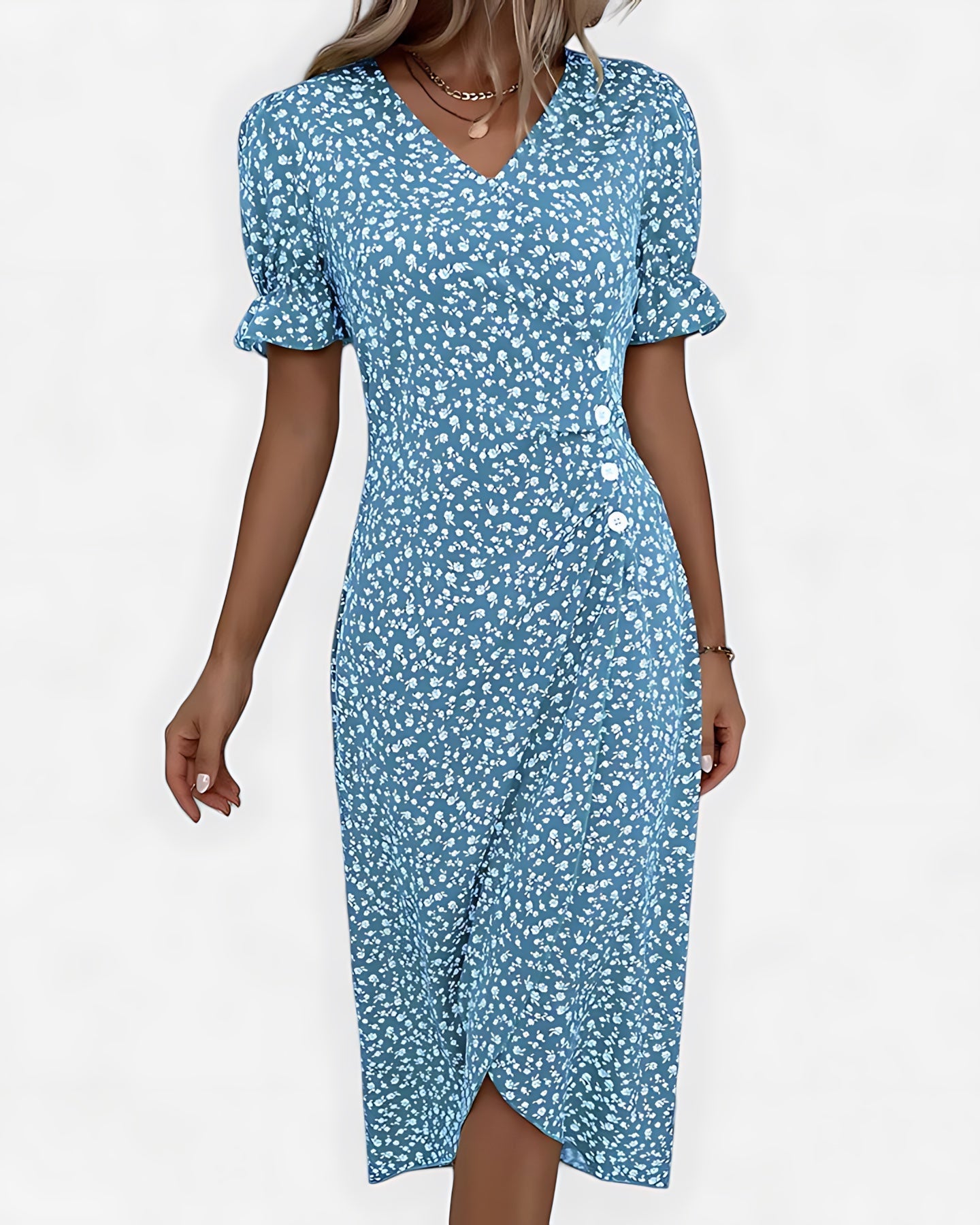 Della – Floral Ruffle Wrap Summer Midi Dress