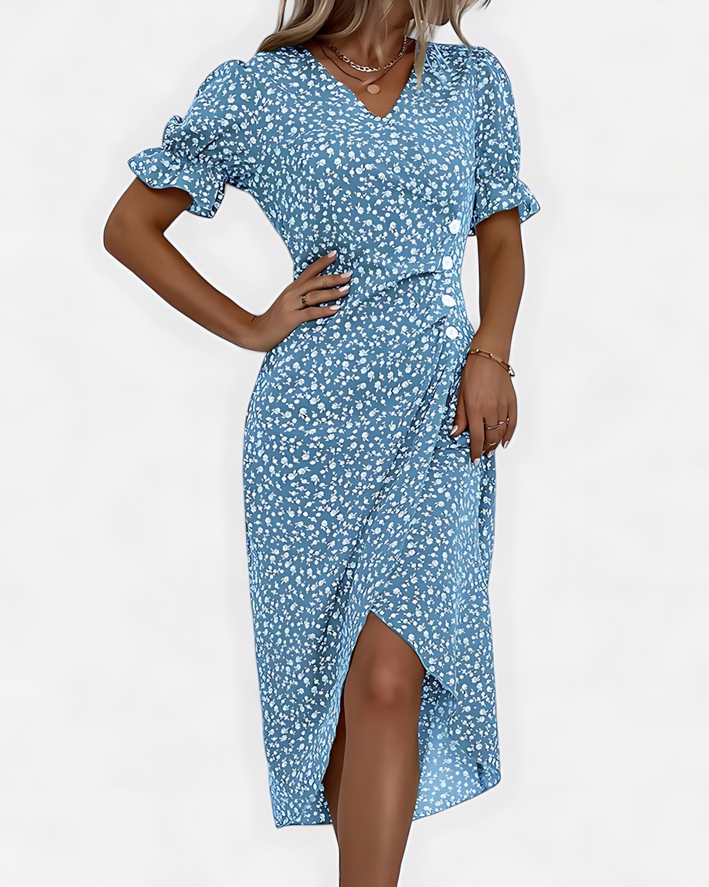 Della – Floral Ruffle Wrap Summer Midi Dress