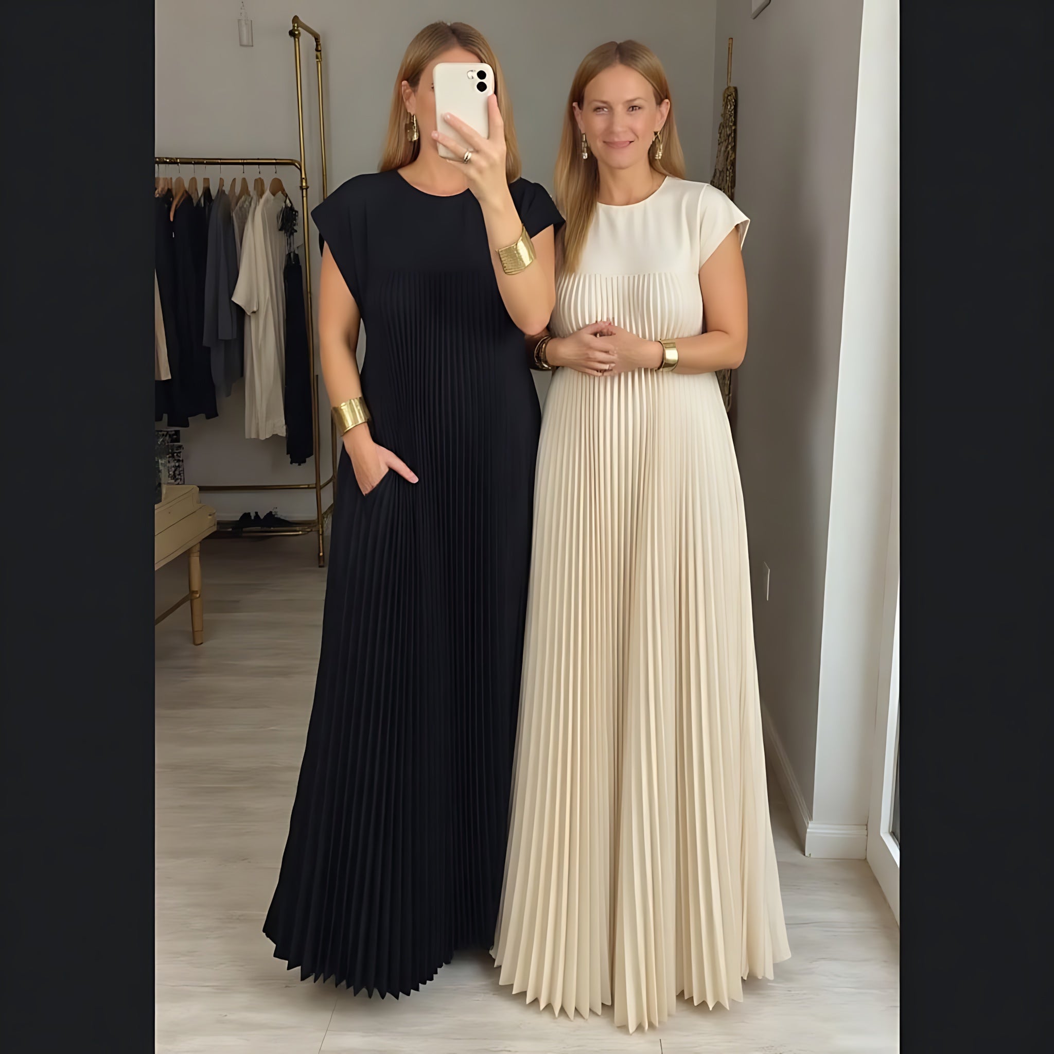 Della – Pleated Crew Neck Cocktail Maxi Dress