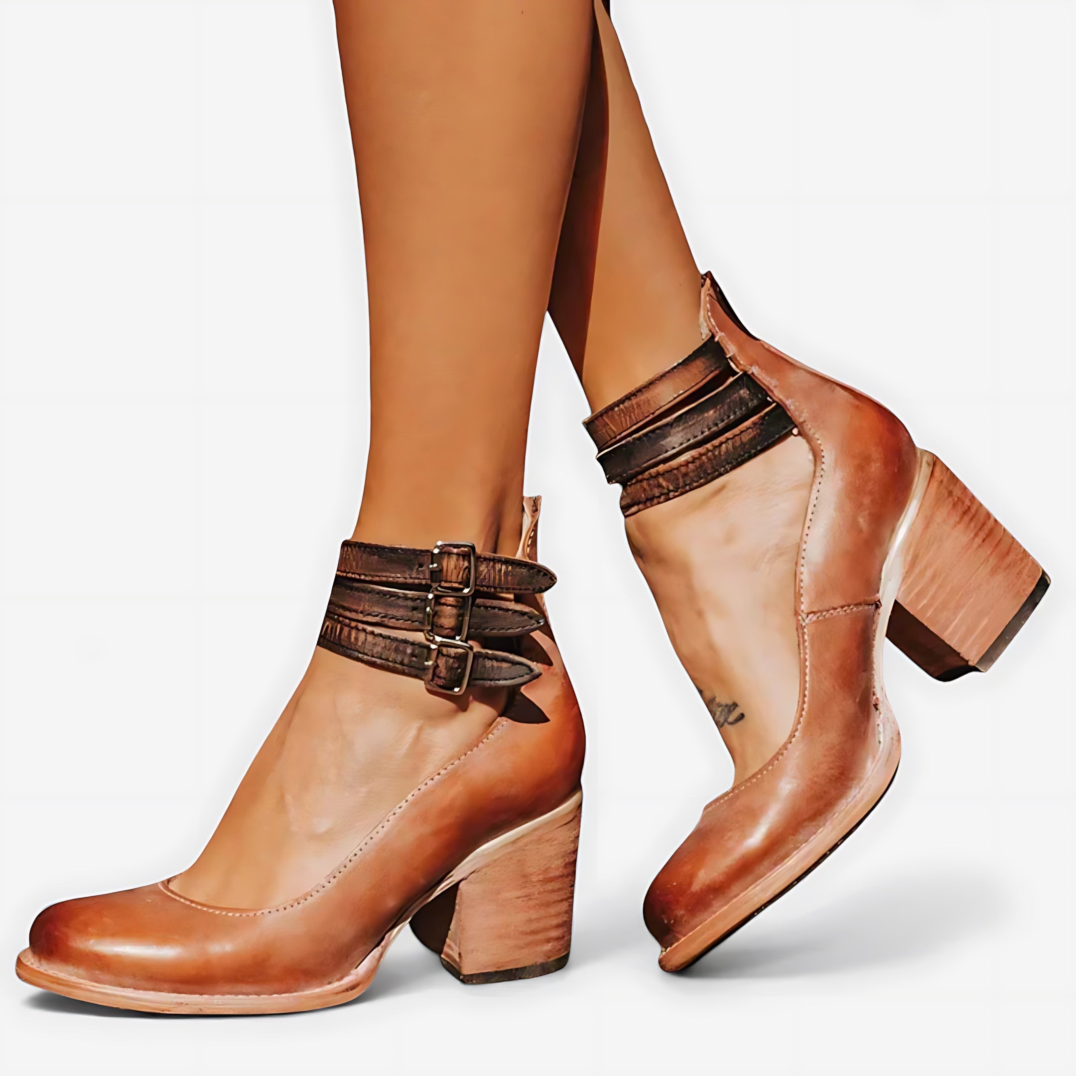 Della – Suede Ankle Strap Block Heel Pumps