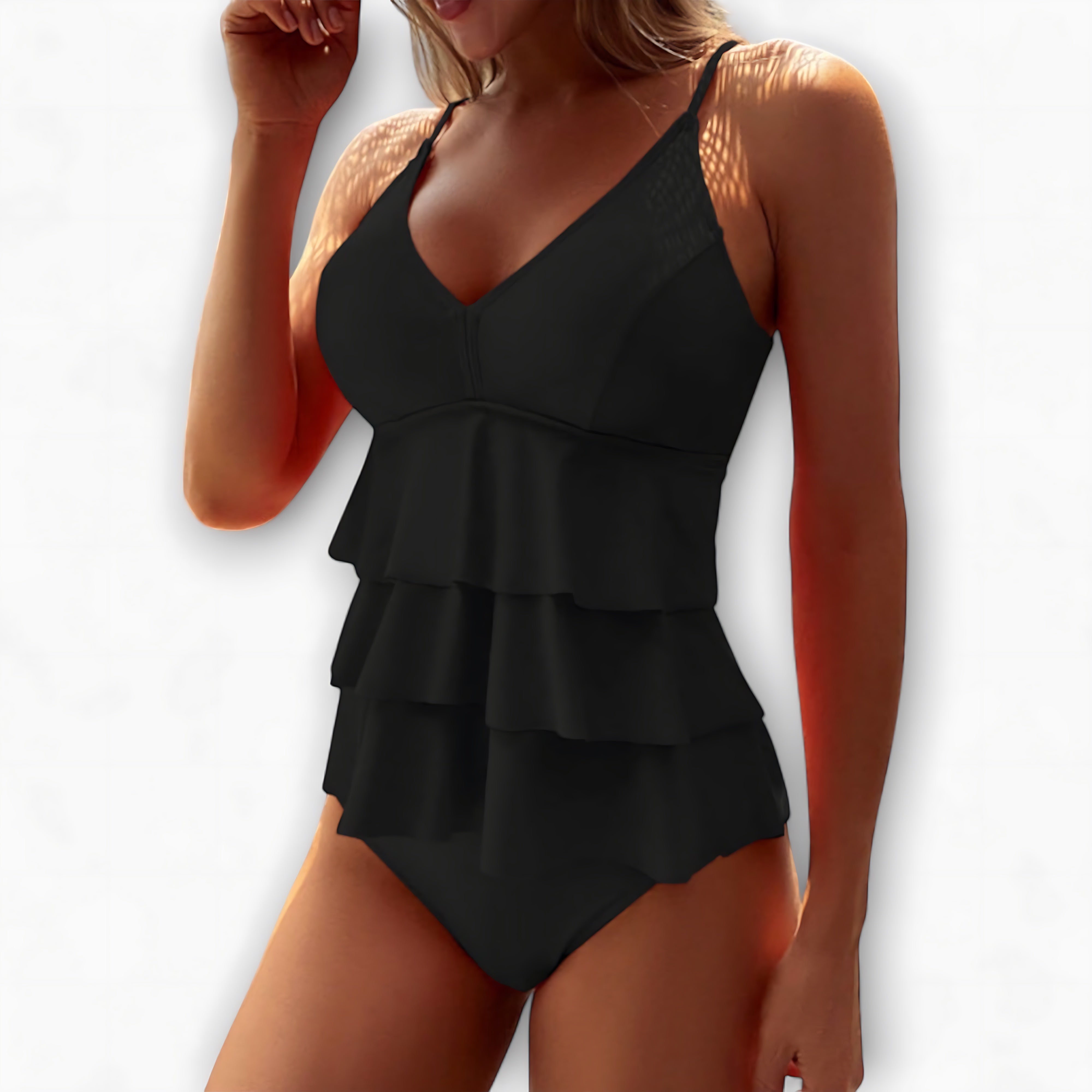 Della – Tiered Ruffle V Neck Tankini Set