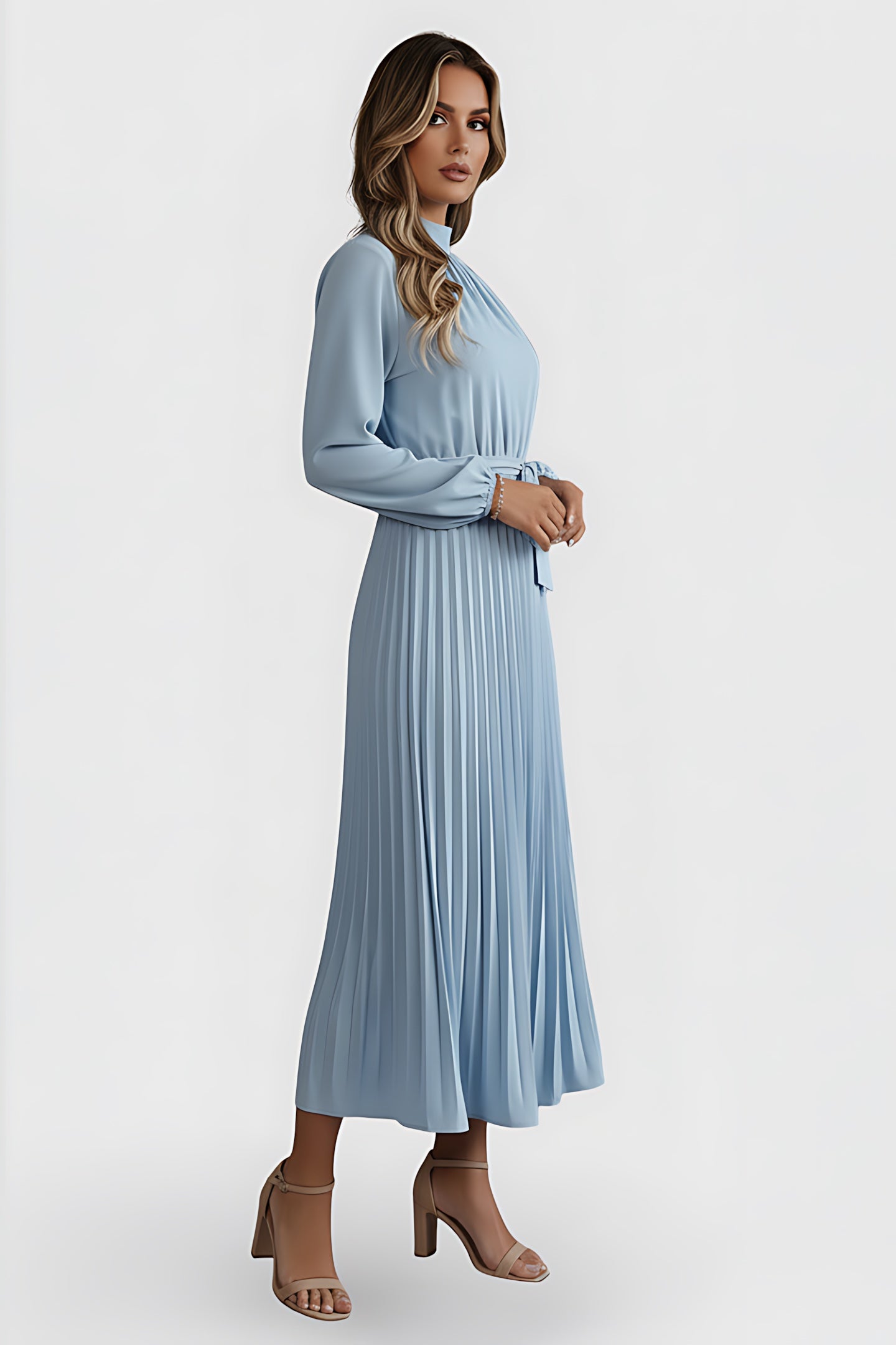Diana – Mock Neck Long Sleeve Pleated Midi Dress