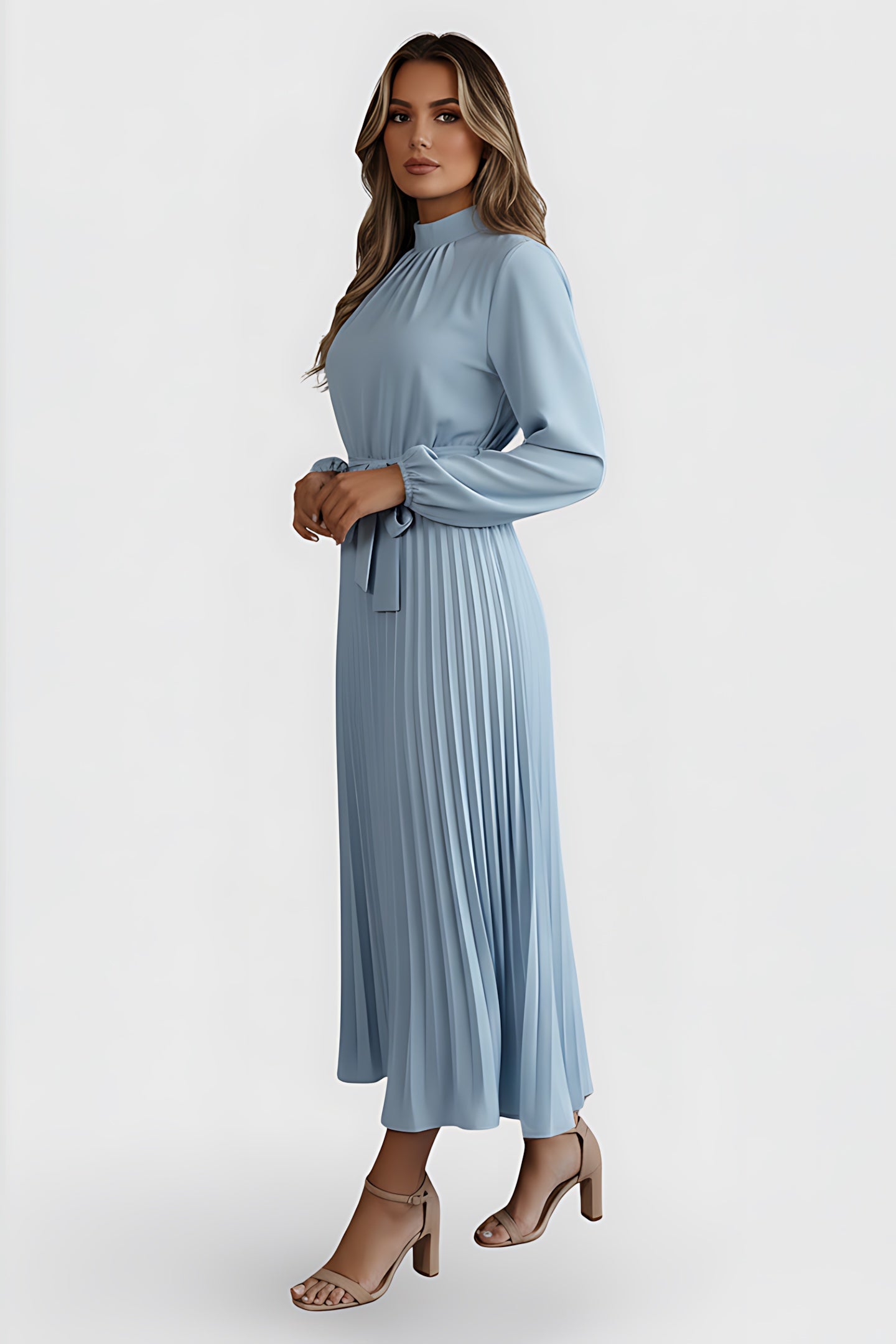 Diana – Mock Neck Long Sleeve Pleated Midi Dress
