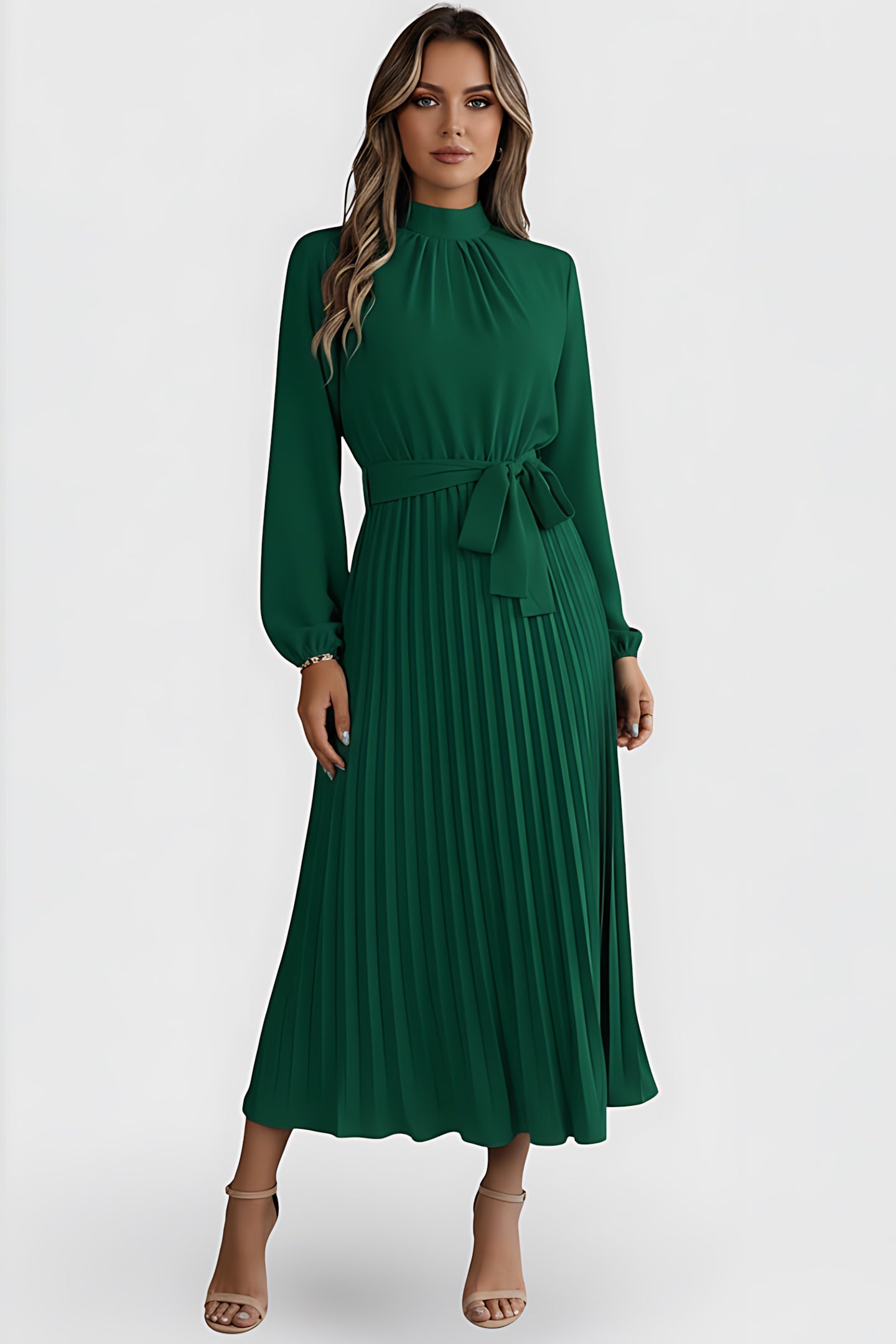 Diana – Mock Neck Long Sleeve Pleated Midi Dress