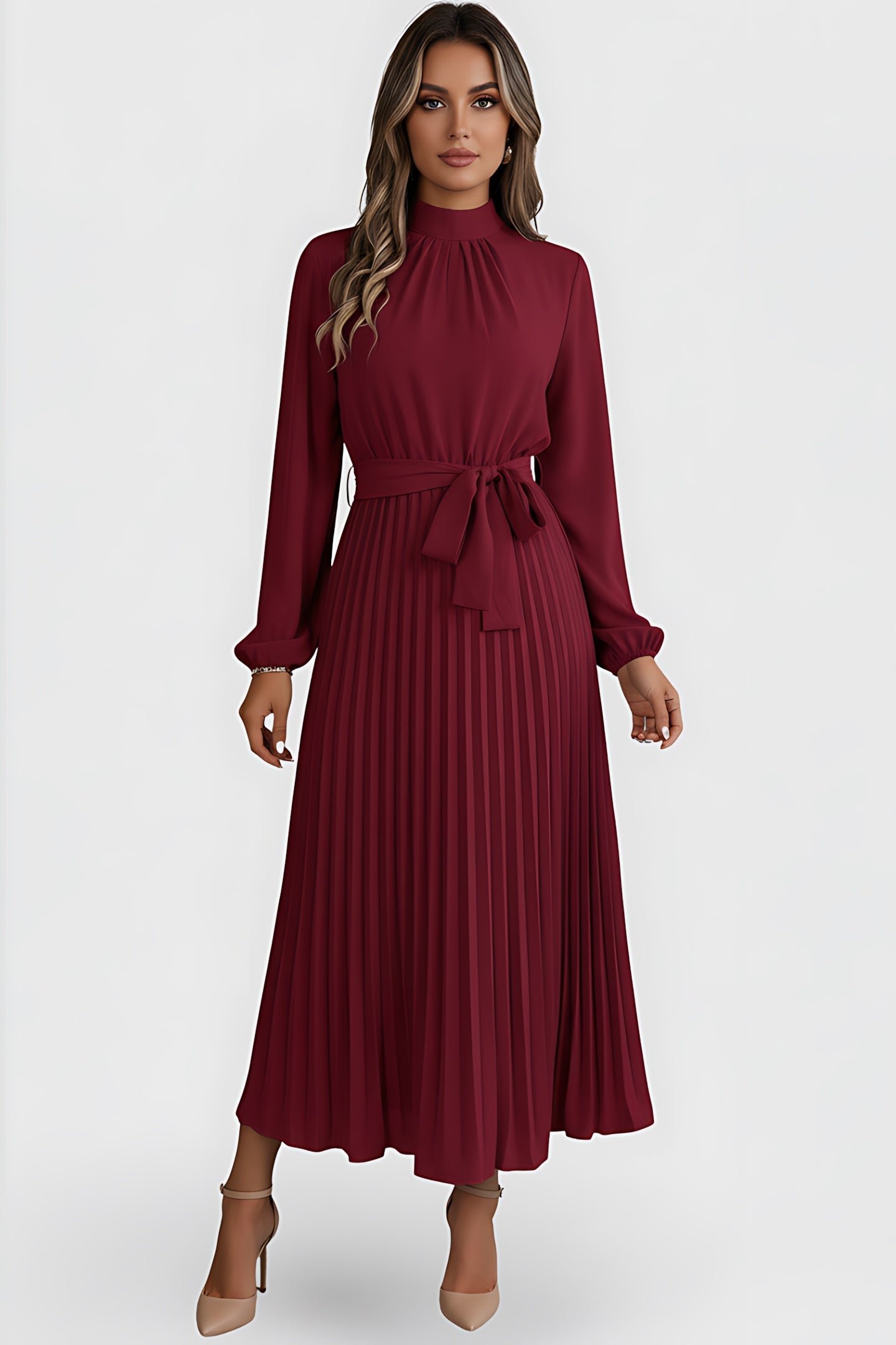 Diana – Mock Neck Long Sleeve Pleated Midi Dress