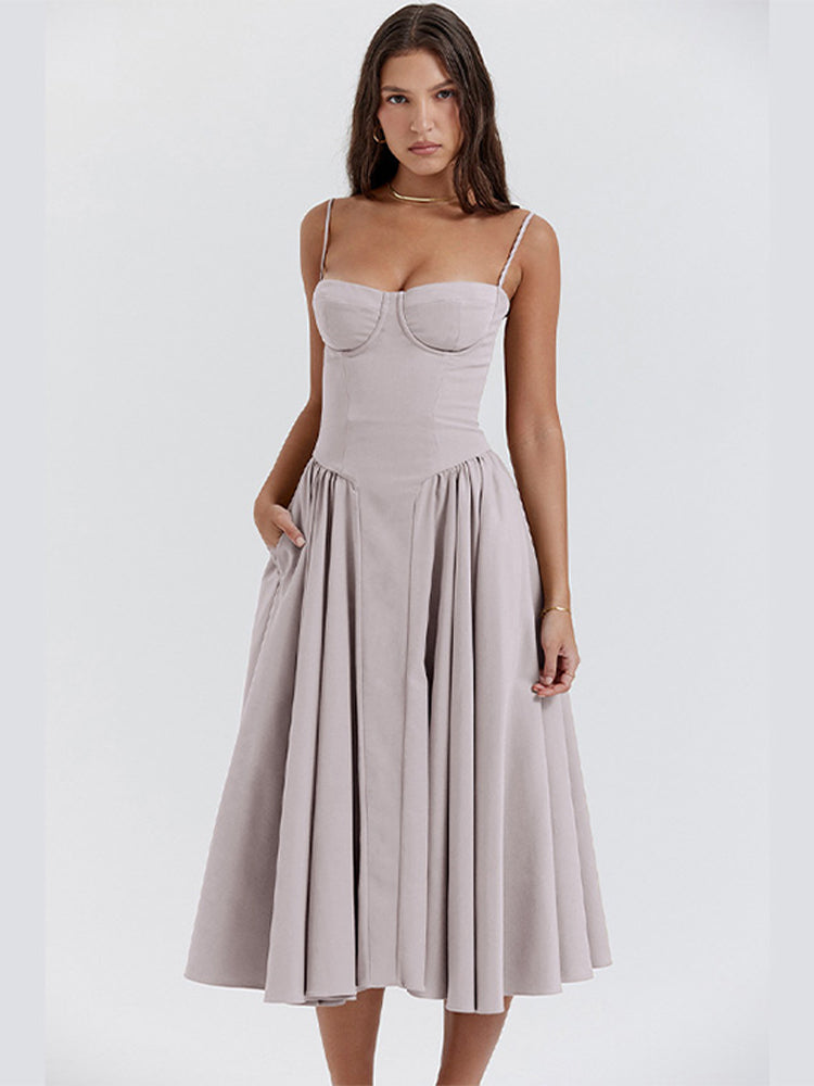 Bianca – Square Neck Pleated Wedding Guest Midi Dress