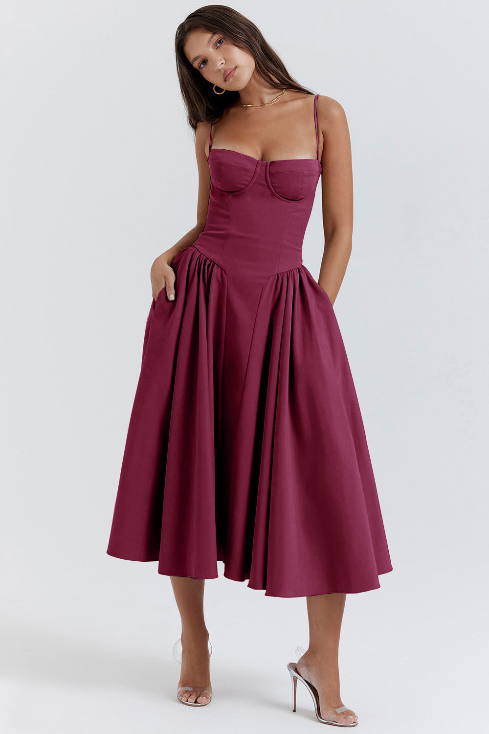 Bianca – Square Neck Pleated Wedding Guest Midi Dress