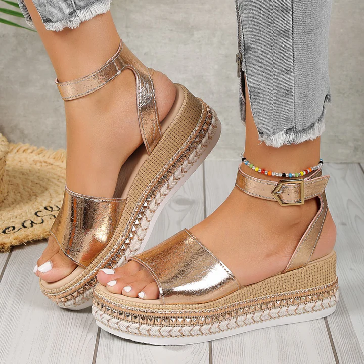 Lyric – Metallic Ankle Strap Espadrille Wedge Sandals